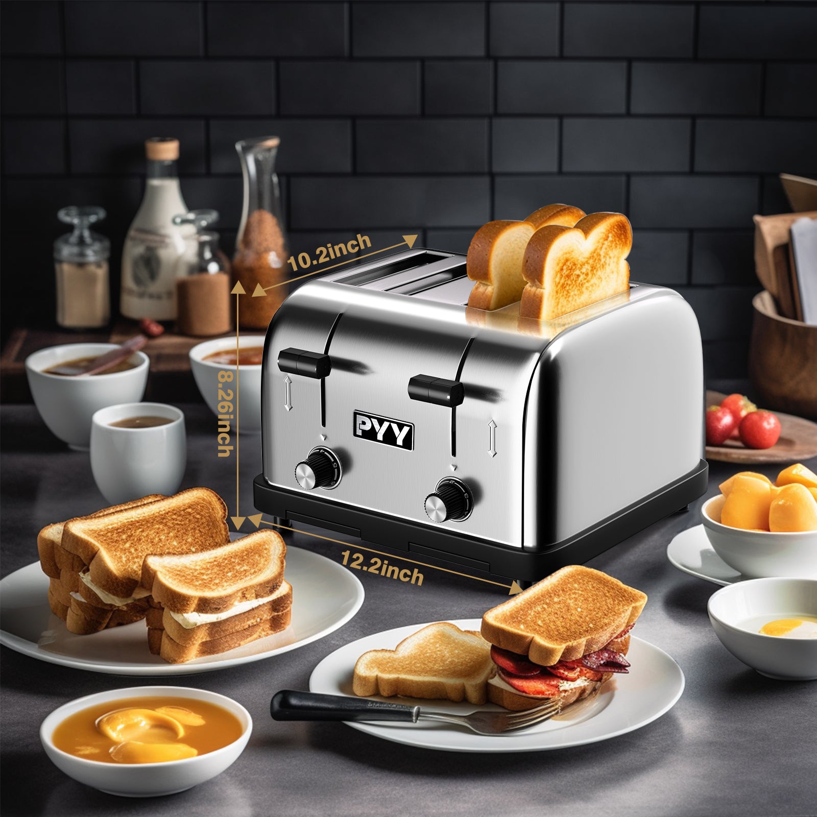 PYY 4 Slices Toaster Commercial - 225 Slices/Hour 1800W Pop Up Wide Slots 1.57 inch Stainless Steel 6-Level Setting, with Removable Crumb Tray, Bread, Bagels, Breakfast, Texas Toast, Restaurant