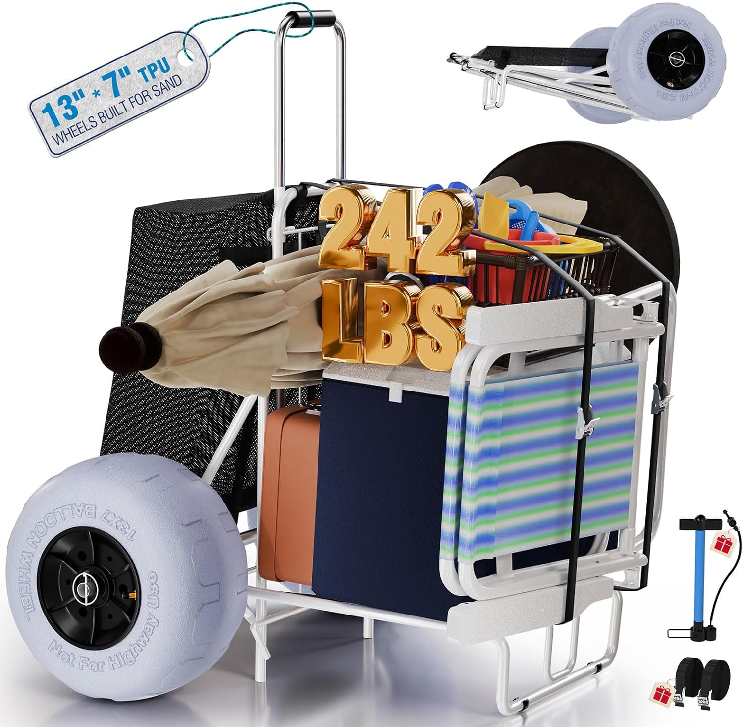 PYY Beach Cart with Big Balloon Wheels for Sand, Foldable Wagon Dolly Buggy Trolley with 242 Lbs Loading Capacity, 13" Large Rolling Tires, Collapsible Storage Bag for Outdoor Fishing Camping Shopping