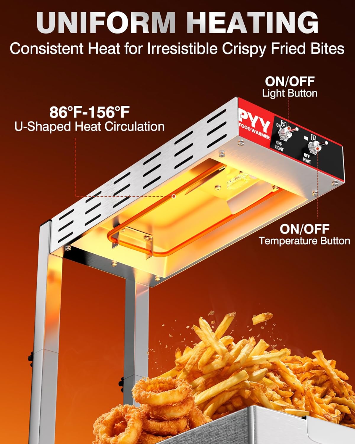 PYY French Fry Warmer - Upgrade Commercial Food Heat Lamp Fry Dump Station Chip Warmer Food Warmer Adjustable Height Temp 86°F-156°F Countertop Freestanding Food Truck Restaurant Buffet