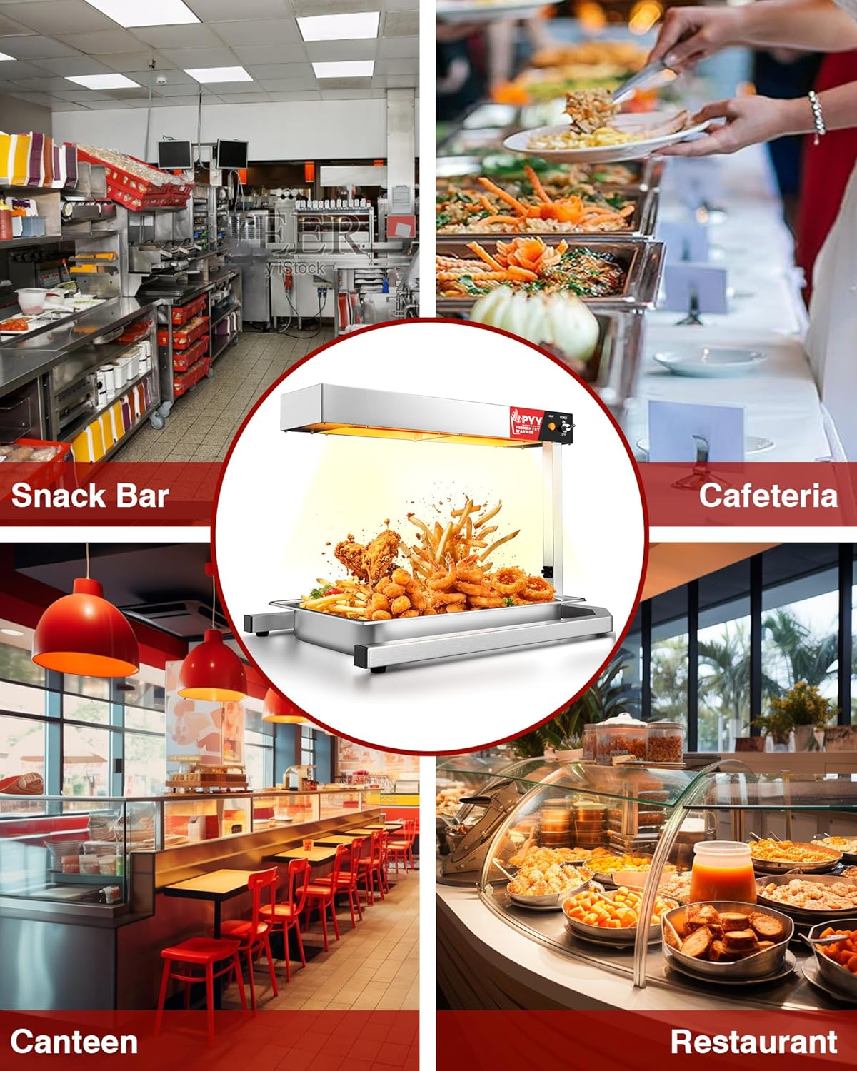 PYY Food Heat Lamp - Adjustable Height 500W French Fry Warmer with U Shape Base Stand, Stainless Steel Commercial Fry Warmer for French Fries Electric Heating Radiation, Silver