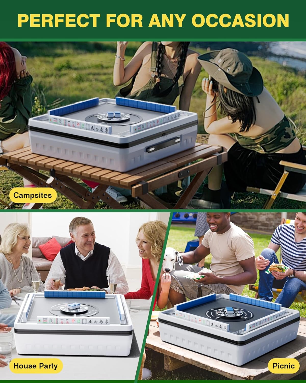 PYY Automatic Mahjong Table - Portable Electric Mahjong Table w/ 152 Magnetic Tiles incl. Joker Tiles, American & Chinese Style, Tabletop Folding Auto Shuffling Mah Jong Table for Outdoor and Indoor