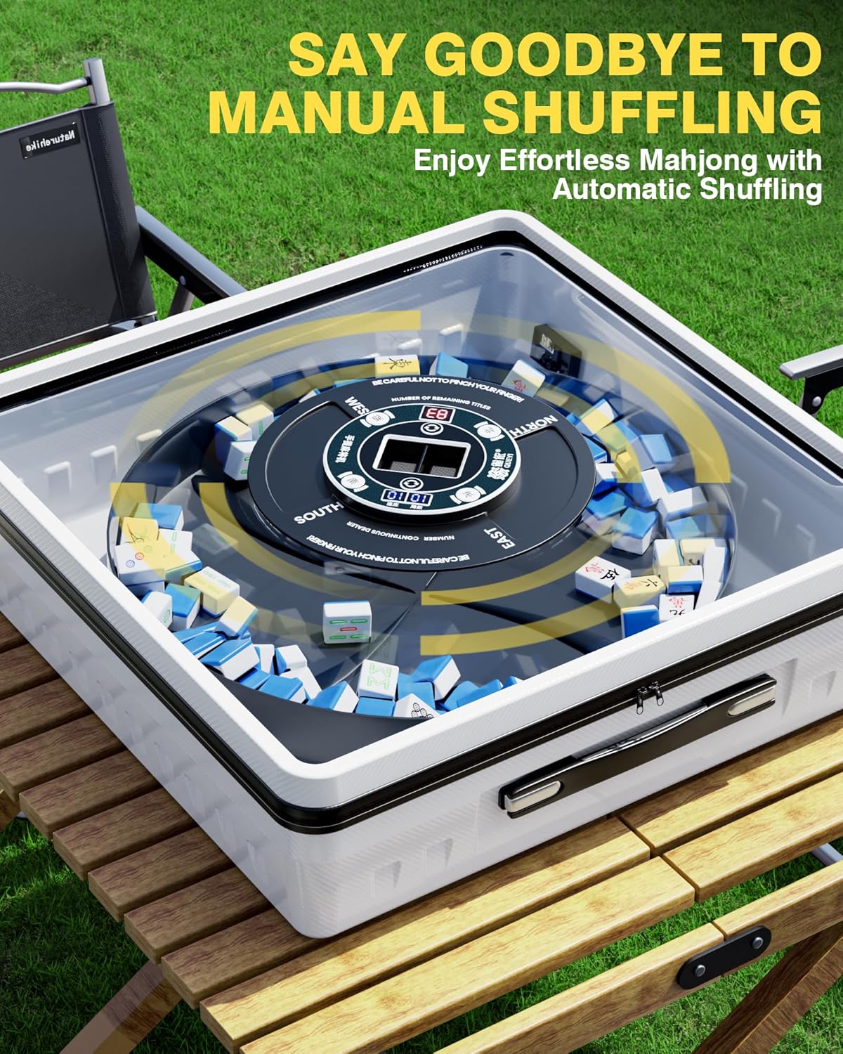 PYY Automatic Mahjong Table - Portable Electric Mahjong Table w/ 152 Magnetic Tiles incl. Joker Tiles, American & Chinese Style, Tabletop Folding Auto Shuffling Mah Jong Table for Outdoor and Indoor