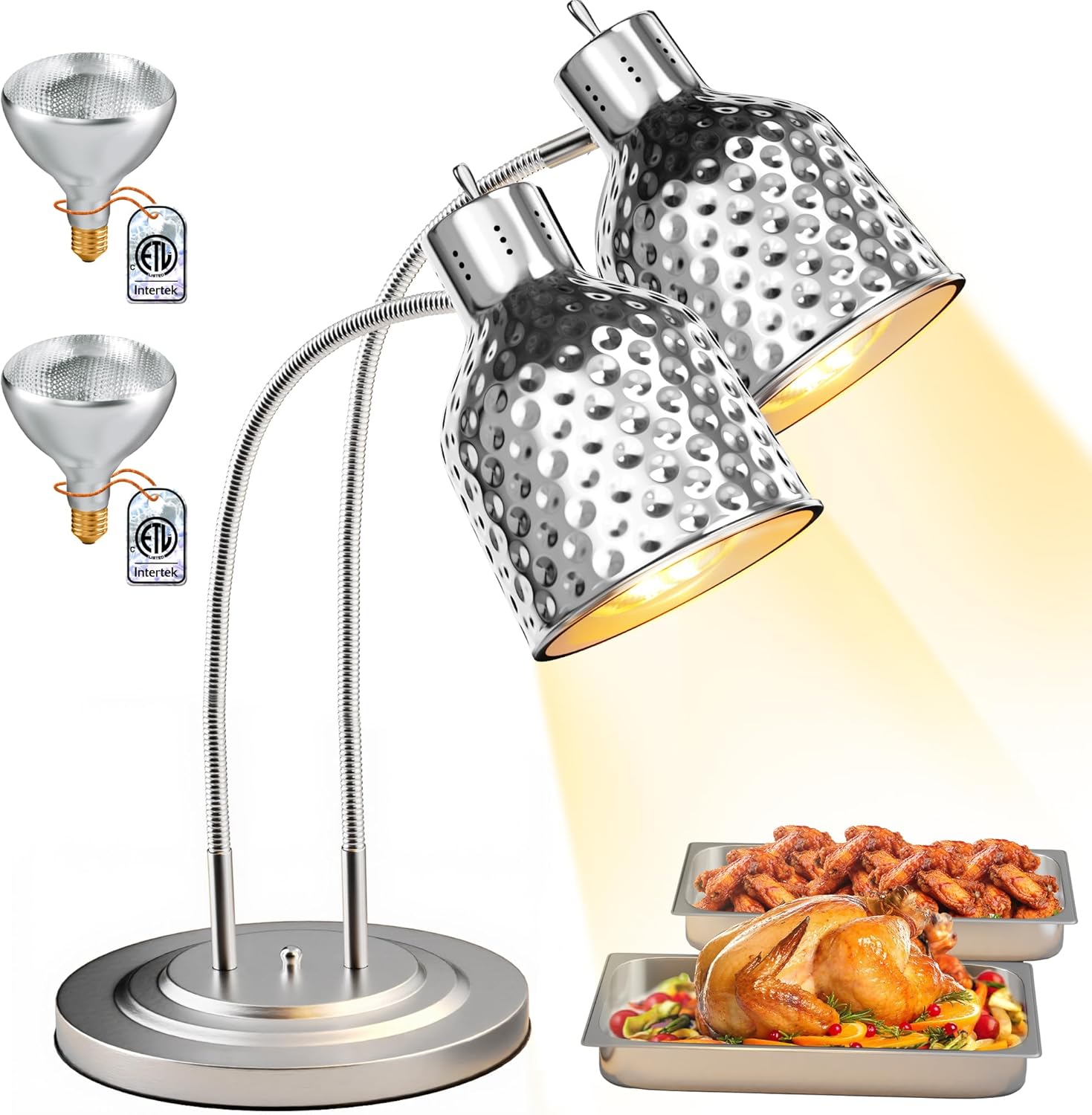 Commercial Food Warmer - 2-Head Electric Heating Lamp ETL Listed 500W Stainless Steel Food Warmer Lamp Catering Food Warming Lamp for Catering Kitchen Food Service Restaurant Buffet Cafeteria