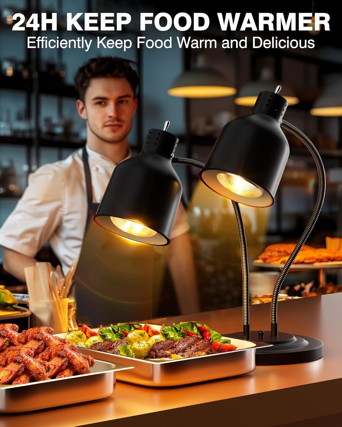 PYY Commercial Food Warmer - 2-Head Electric Heating Lamp 500W Stainless Steel Food Warmer Lamp Catering Food Warming Lamp w/Spare Bulb for Catering Kitchen Food Service Restaurant Cafeteria