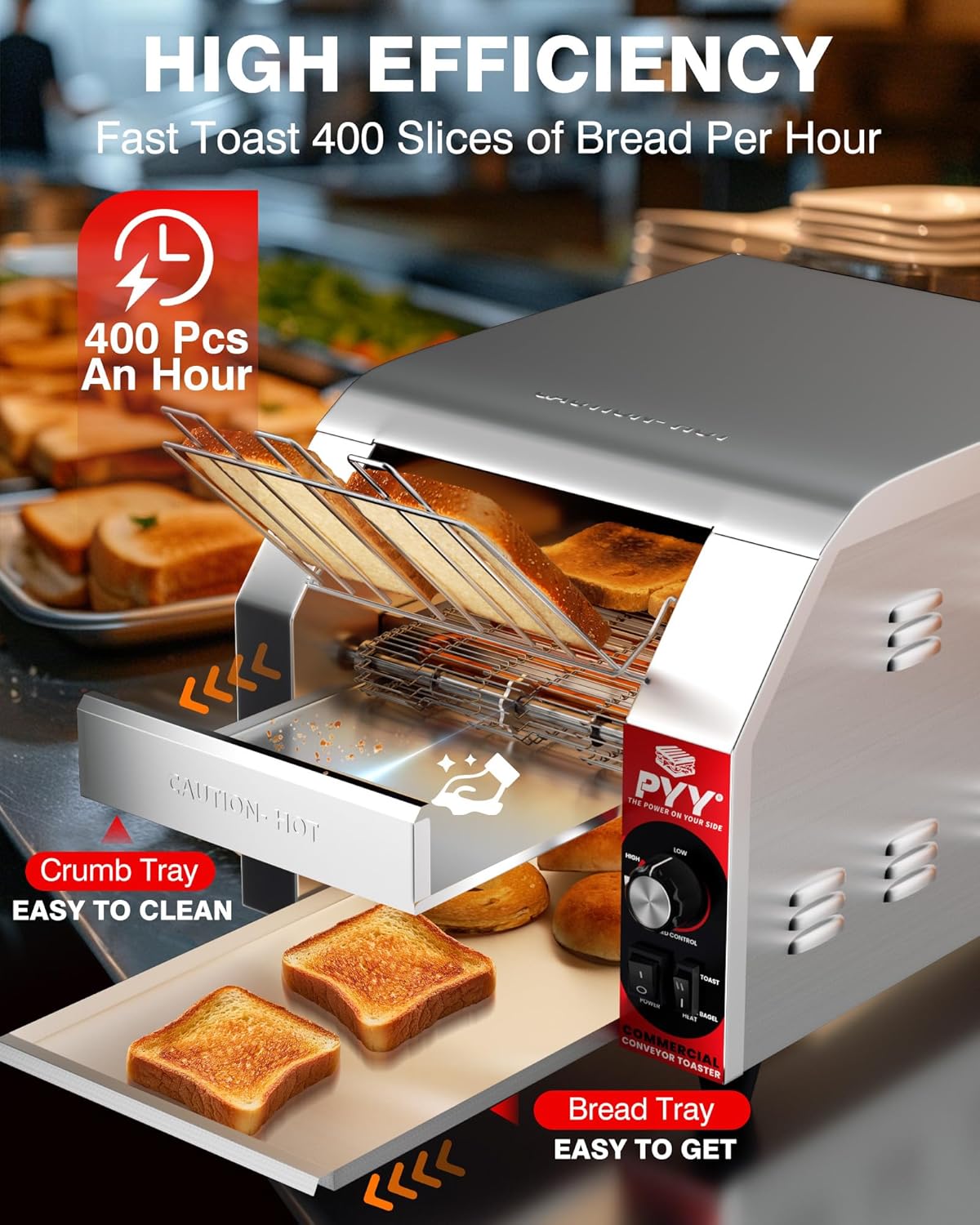 PYY Commercial Conveyor Toaster - 400 Slices/Hour 1800W Electric Industrial Belt Toasters Oven Heavy Duty, Stainless Steel Toaster for Bun Bagel Bread Waffle Restaurant Catering