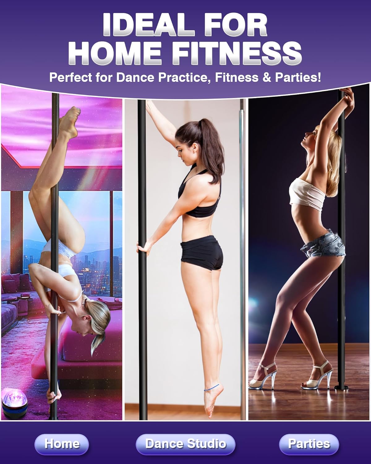 Dance Pole for Home - Adjustable & Portable Dancing Pole for Gym Studio Pub, Chrome Finish, Spinning & Static Modes, No Drilling Required, Remote LED Lights, Fits 88"-108" Ceilings, 45mm, Black