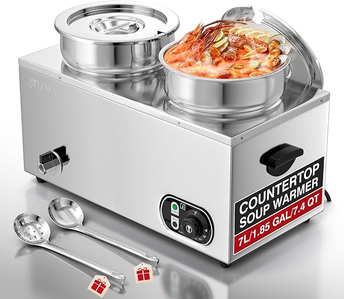 Commercial Soup Warmer - Upgrade Steam Table Food Warmer Electric Countertop Bain Marie Station with Large Stainless Steel Dual 7.4QT Round Pots for Restaurants, Buffets and Catering 86-185°F