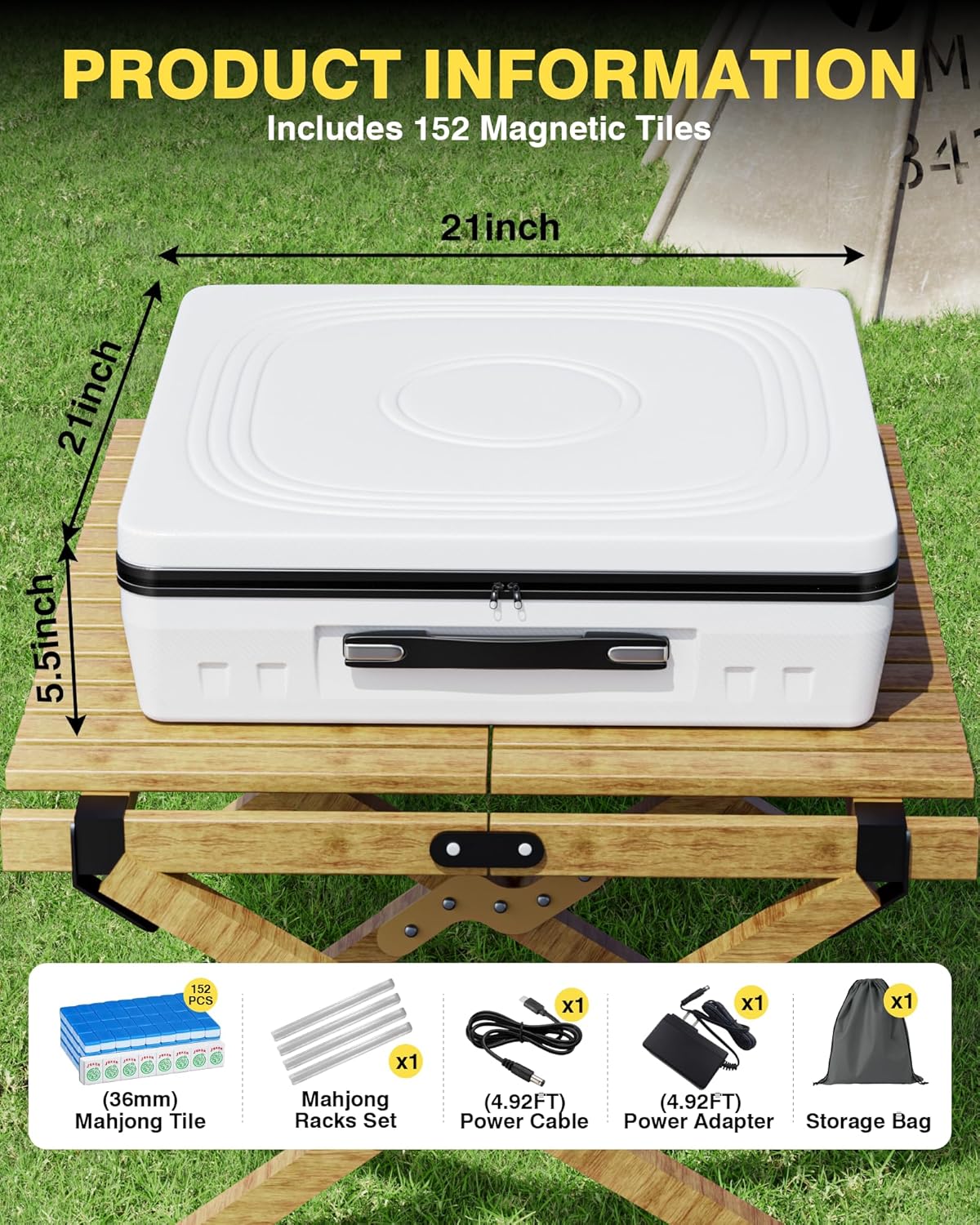 PYY Automatic Mahjong Table - Portable Electric Mahjong Table w/ 152 Magnetic Tiles incl. Joker Tiles, American & Chinese Style, Tabletop Folding Auto Shuffling Mah Jong Table for Outdoor and Indoor