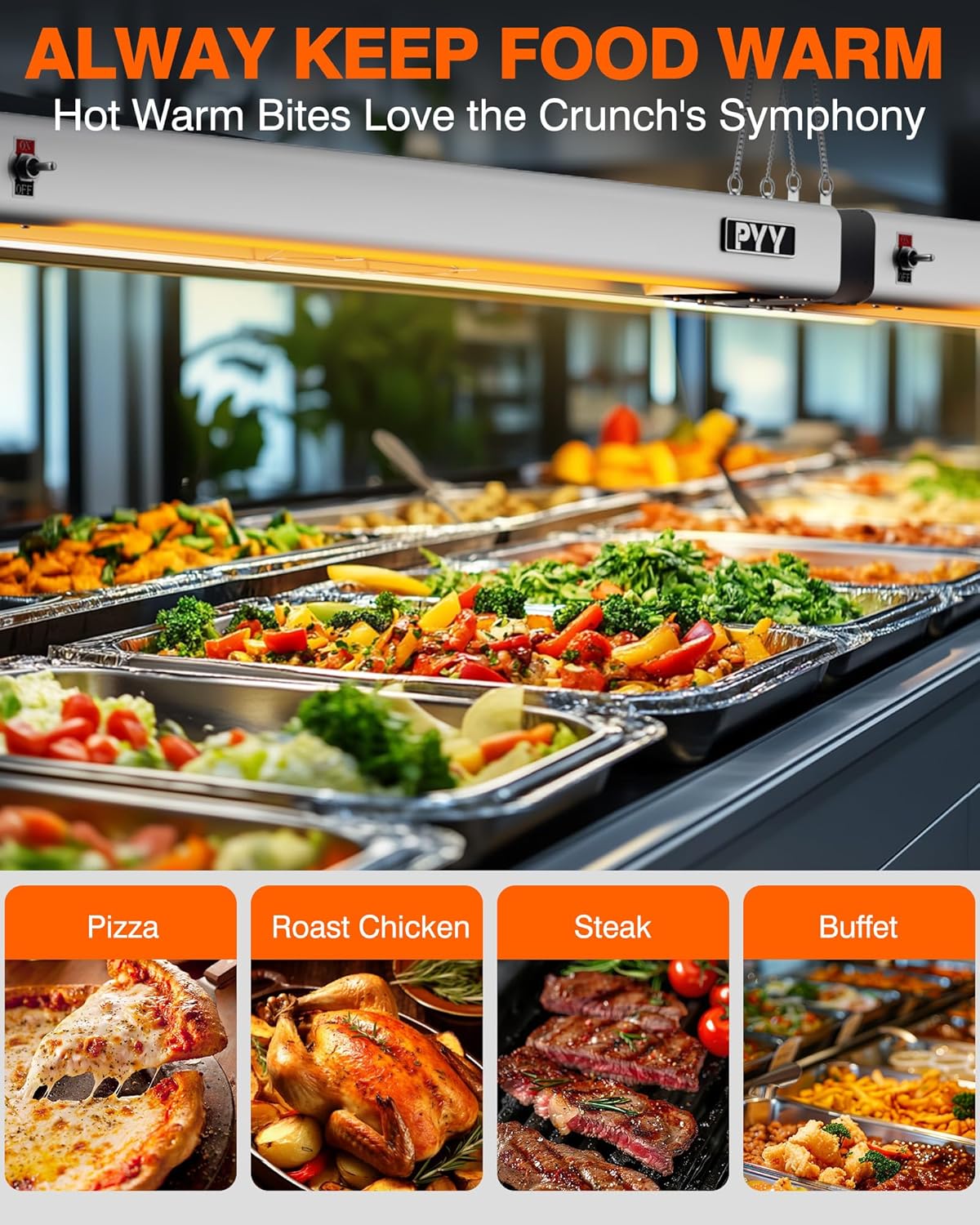 PYY 35-Inch Commercial Grade Overhead Food Heat Lamp – 750W Aluminum Infrared Strip Heater, Electric Food Warmer Light for Restaurant, Buffet, Catering Kitchen