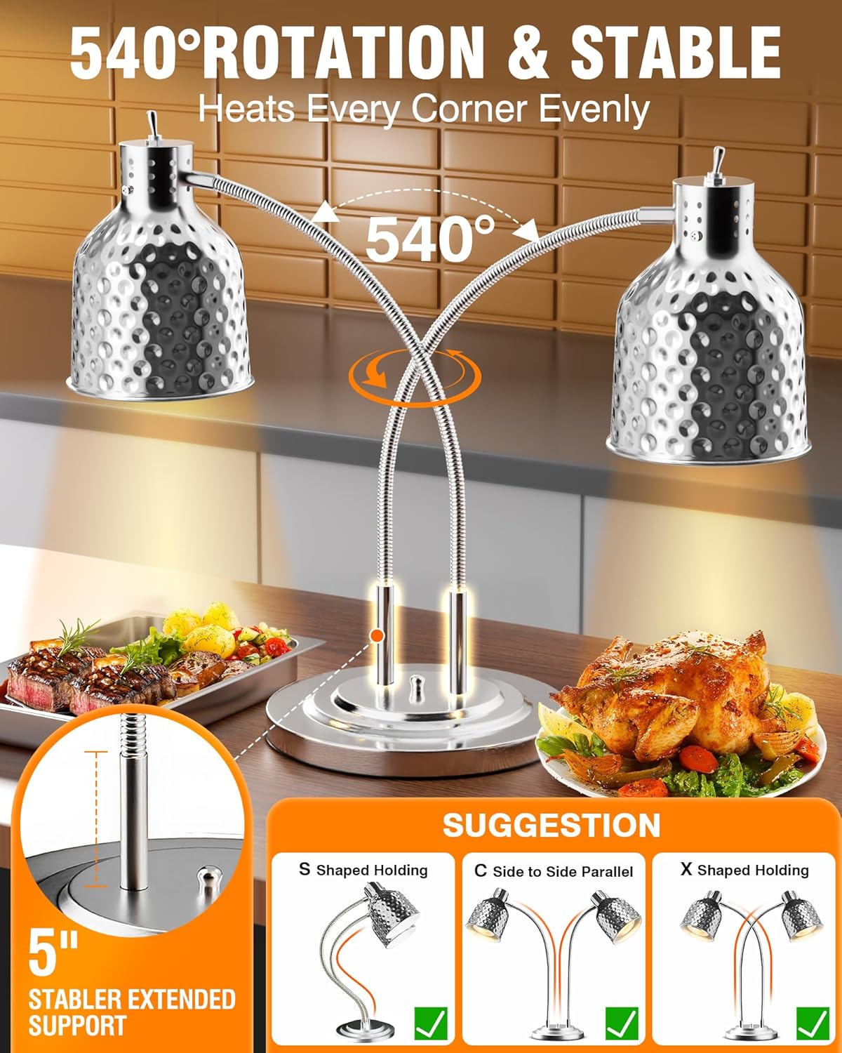 Commercial Food Warmer - 2-Head Electric Heating Lamp ETL Listed 500W Stainless Steel Food Warmer Lamp Catering Food Warming Lamp for Catering Kitchen Food Service Restaurant Buffet Cafeteria