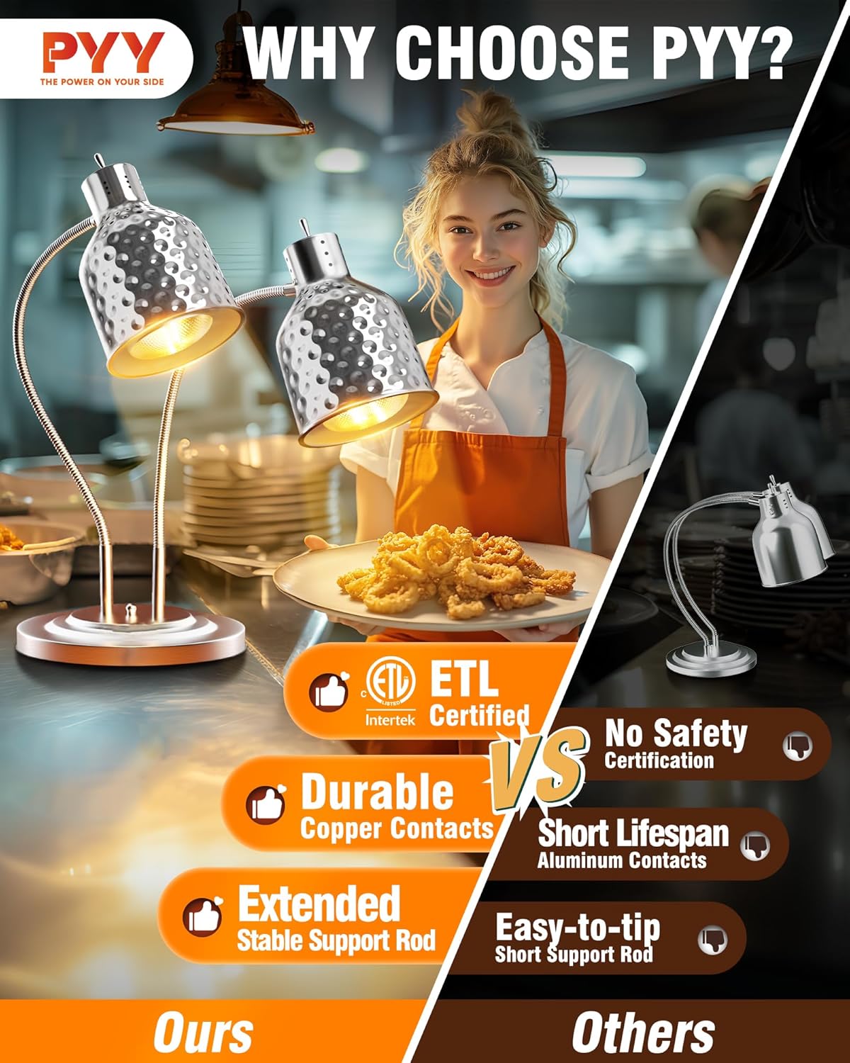 Commercial Food Warmer - 2-Head Electric Heating Lamp ETL Listed 500W Stainless Steel Food Warmer Lamp Catering Food Warming Lamp for Catering Kitchen Food Service Restaurant Buffet Cafeteria