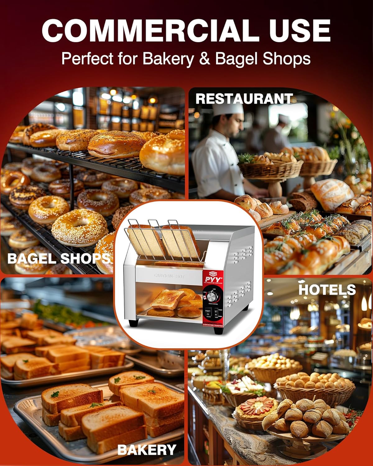 PYY Commercial Conveyor Toaster - 400 Slices/Hour 1800W Electric Industrial Belt Toasters Oven Heavy Duty, Stainless Steel Toaster for Bun Bagel Bread Waffle Restaurant Catering