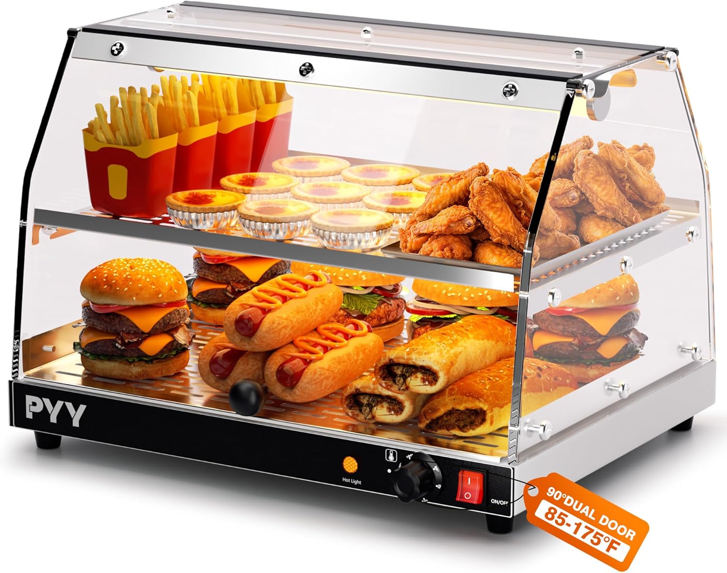 PYY Commercial Food Warmer Display - 2-Tier Adjustable Shelf Pastry Disaplay Case Pretzel Warmer Machine, Countertop Food Warmer with LED Lighting, for Hamburger, Pizza, Bread, Fried Chicken