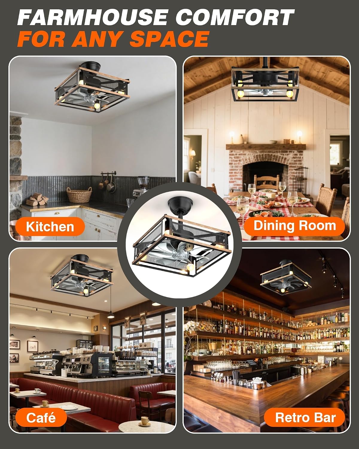 PYY Ceiling Fans with Lights - 16 Inch Farmhouse Caged Ceiling Fans with Lights and Remote Control, 6 Speeds,Timer, Dual Mount, Reversible, Low Profile Rustic Cage Ceiling Fan for Home