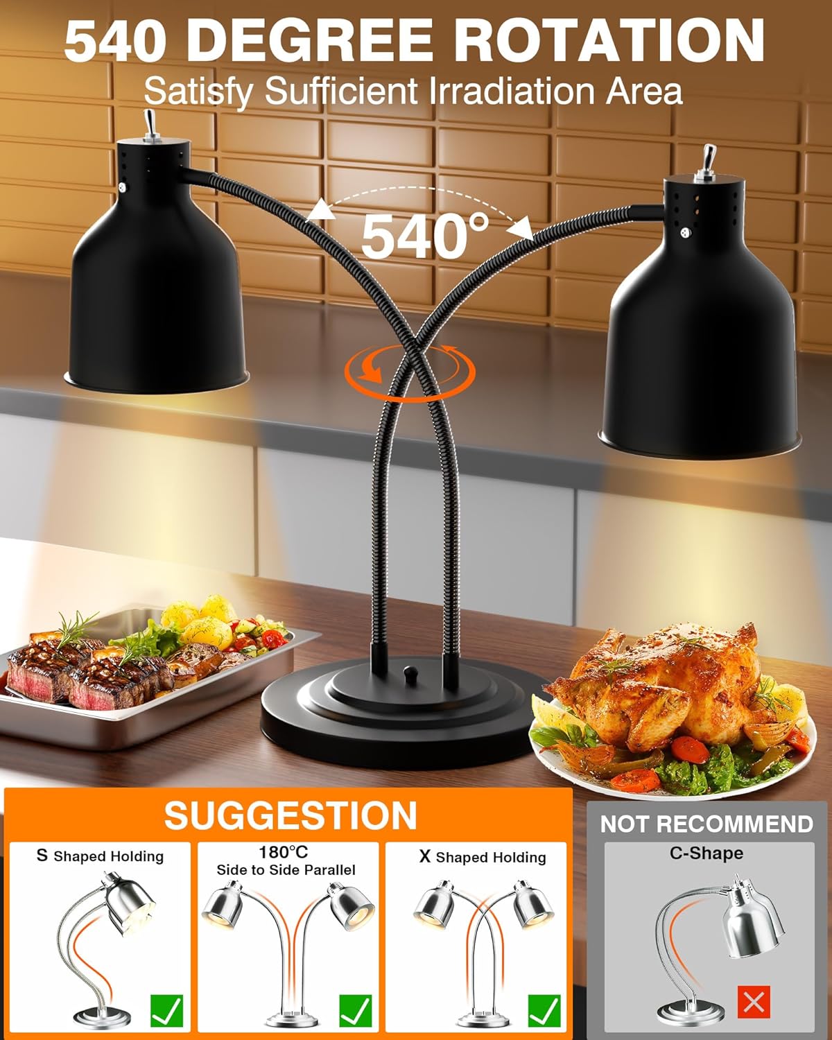 PYY Commercial Food Warmer - 2-Head Electric Heating Lamp 500W Stainless Steel Food Warmer Lamp Catering Food Warming Lamp w/Spare Bulb for Catering Kitchen Food Service Restaurant Cafeteria