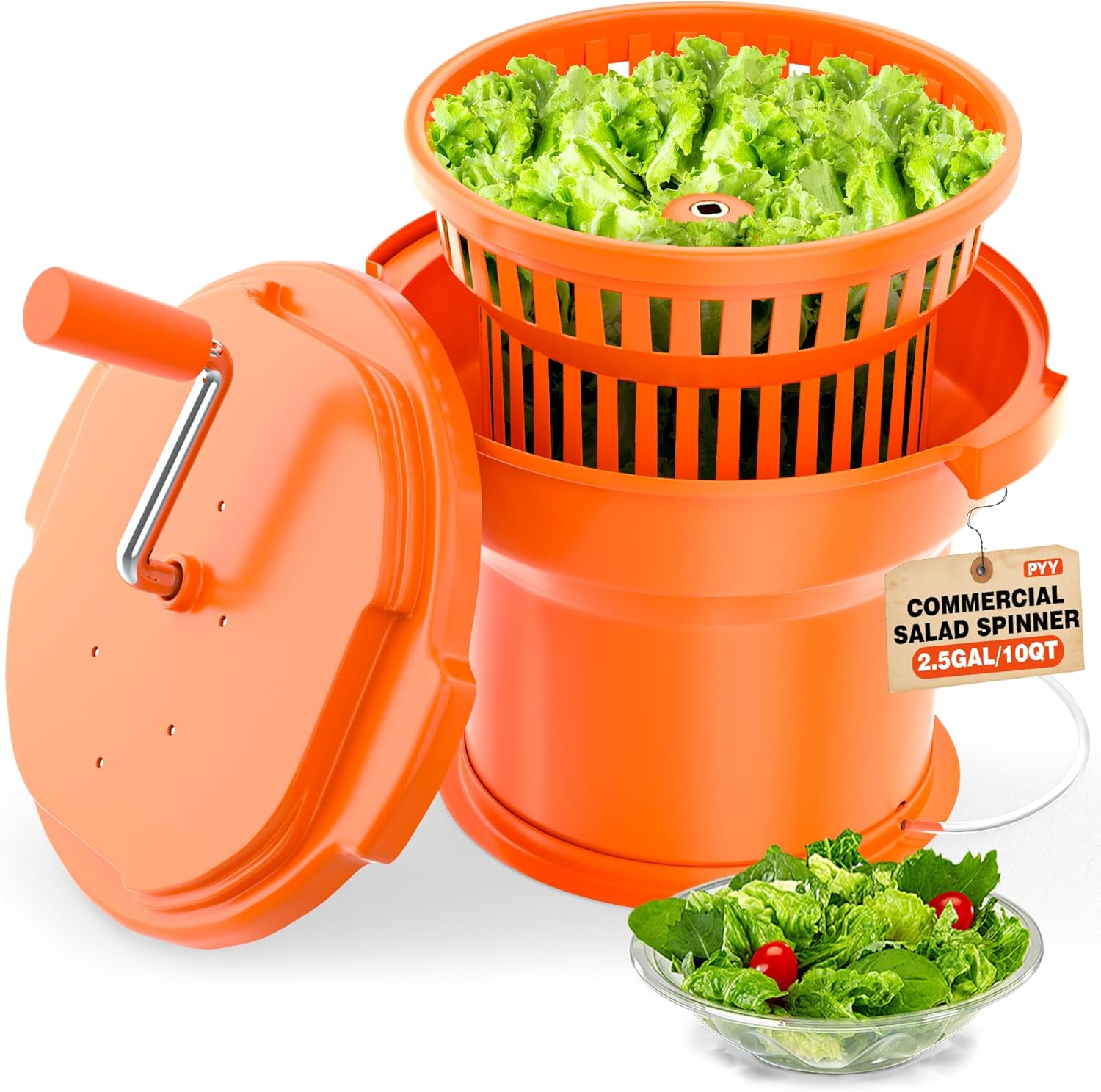 Commercial Salad Spinner - Salad Dryer Large Salad Spinner w/Silicone Anti-slip Mat & Draining Hose, 24Qt Manual Salad Spinner for up to 7 Heads of Lettuce Spinner Large for Catering