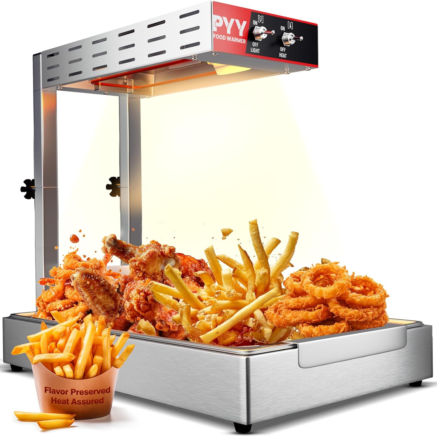 PYY French Fry Warmer - Upgrade Commercial Food Heat Lamp Fry Dump Station Chip Warmer Food Warmer Adjustable Height Temp 86°F-156°F Countertop Freestanding Food Truck Restaurant Buffet
