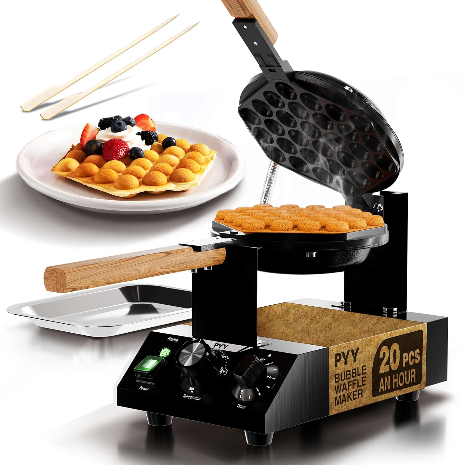 PYY Bubble Waffle Maker – 1500W Commercial Egg Puff Waffle Iron with a non-stick coating, 180° rotating design, a wooden handle, and a crumb tray, ideal for making Hong Kong round cones