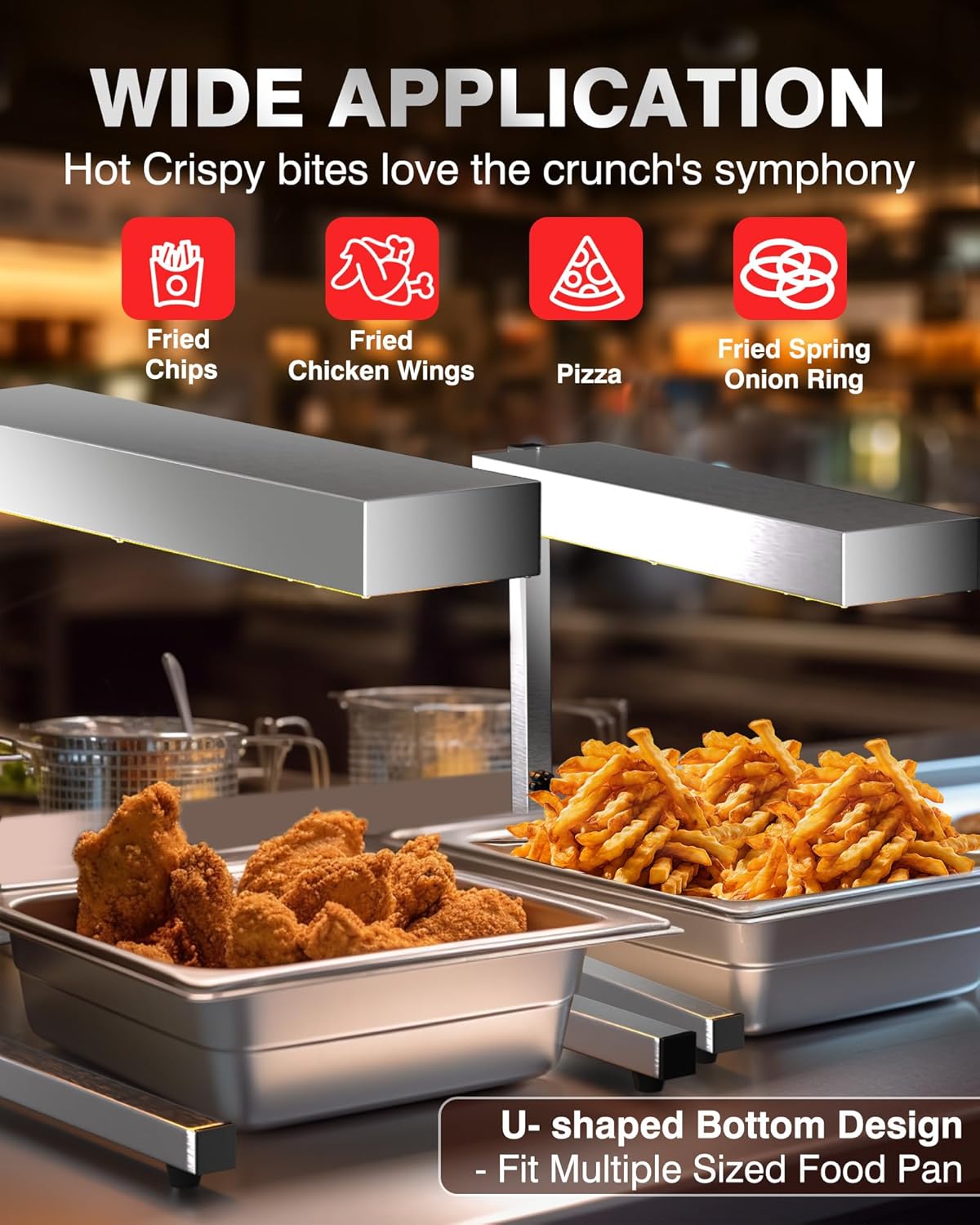 PYY Food Heat Lamp - Adjustable Height 500W French Fry Warmer with U Shape Base Stand, Stainless Steel Commercial Fry Warmer for French Fries Electric Heating Radiation, Silver