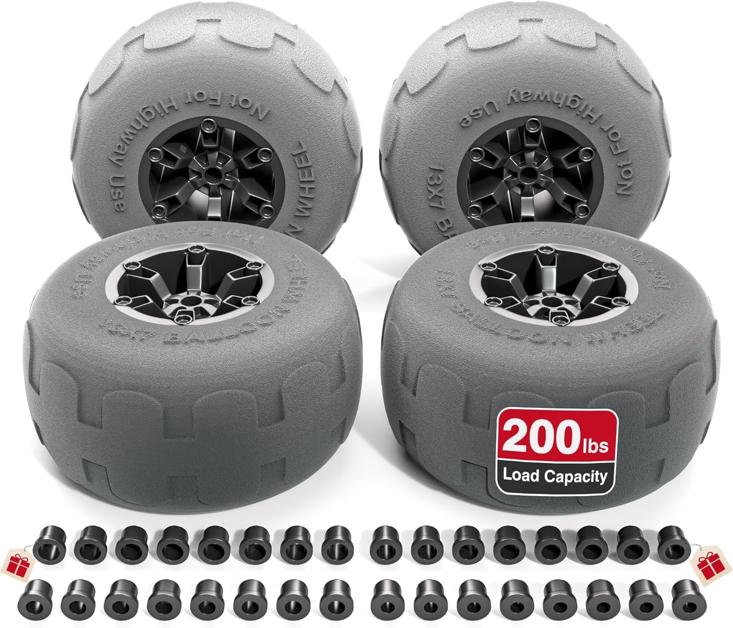 PYY Beach Wheels Sand Tires 13", Flat-Free Solid Big Wheels Replacement for Rolling Beach Cart Wagon Trolley Buggy Dolly, 176LBS Loading Capacity, 0.87" Axle, 4 Size Axle Adapters 4 Pack