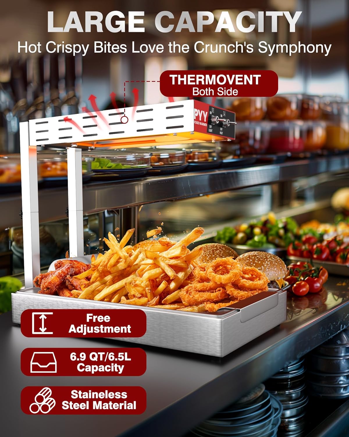 PYY French Fry Warmer - Upgrade Commercial Food Heat Lamp Fry Dump Station Chip Warmer Food Warmer Adjustable Height Temp 86°F-156°F Countertop Freestanding Food Truck Restaurant Buffet