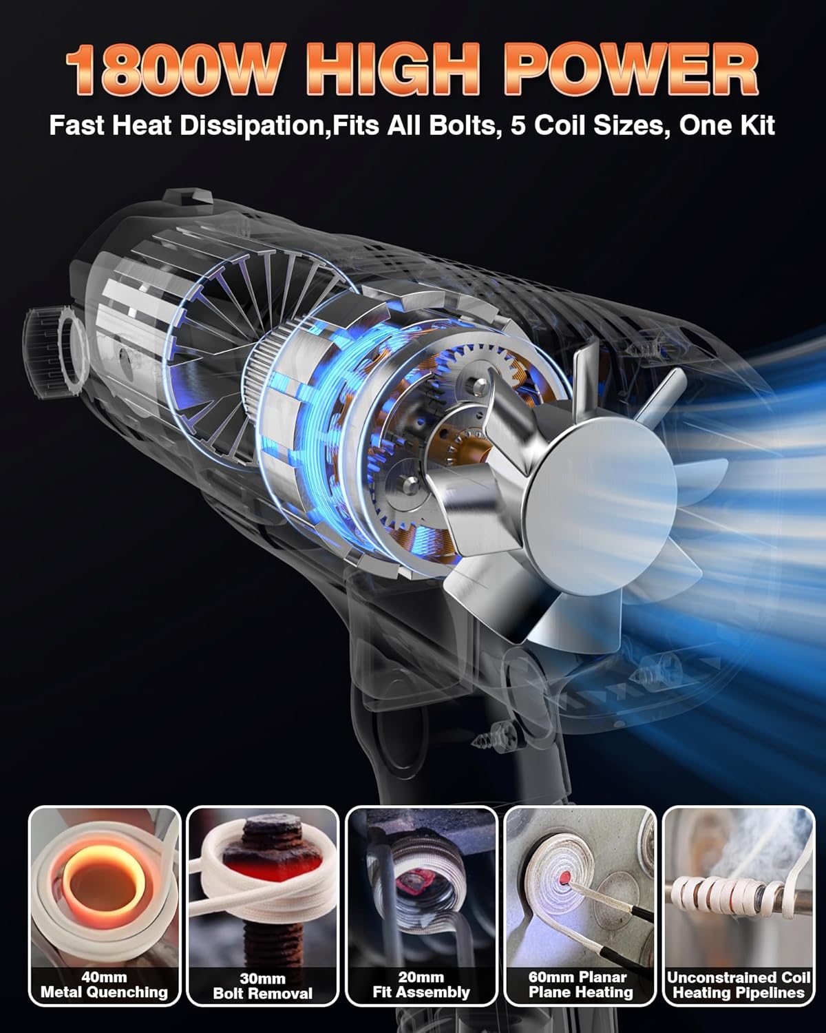 PYY Induction Heater Bolt Removal - 1800W Handheld Induction Heater with 20mm, 30mm, 40mm, 60mm, Flexible Coils, 8s Heating Up, Remove Rusty Nuts, Bolts, Bearings, for Auto Repair Industrial, Black