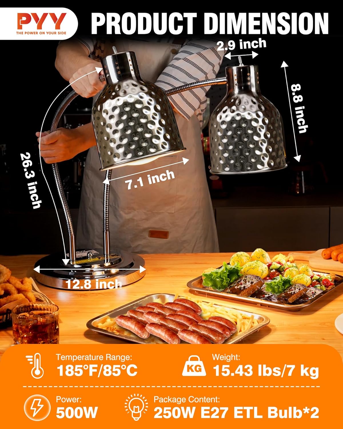 Commercial Food Warmer - 2-Head Electric Heating Lamp ETL Listed 500W Stainless Steel Food Warmer Lamp Catering Food Warming Lamp for Catering Kitchen Food Service Restaurant Buffet Cafeteria