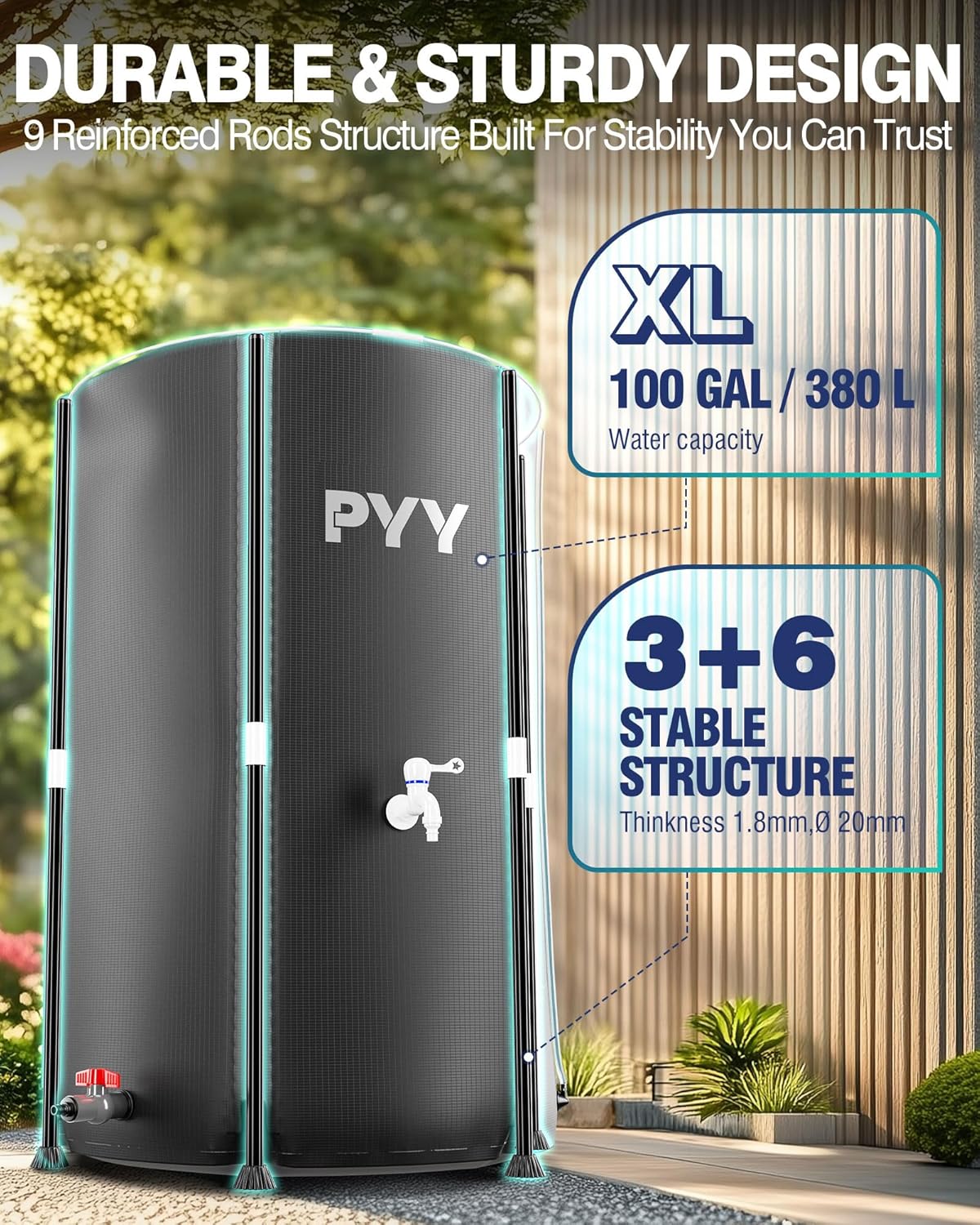 PYY Rain Water Collection Barrel - 132 Gallon Black Water Storage Tank with Spigot, Hose and Portable Bucket, Large Plastic Collapsible Rain Catcher Catchment System to Collect Rainwater from Gutter