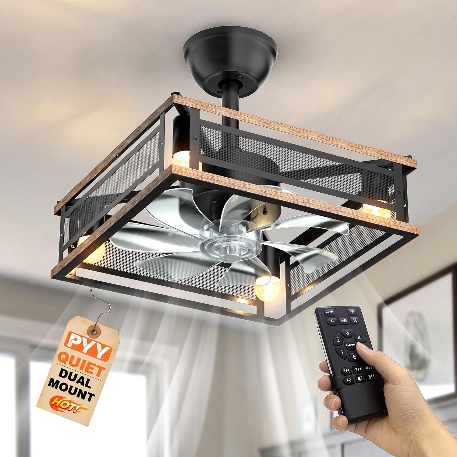 PYY Ceiling Fans with Lights - 16 Inch Farmhouse Caged Ceiling Fans with Lights and Remote Control, 6 Speeds,Timer, Dual Mount, Reversible, Low Profile Rustic Cage Ceiling Fan for Home