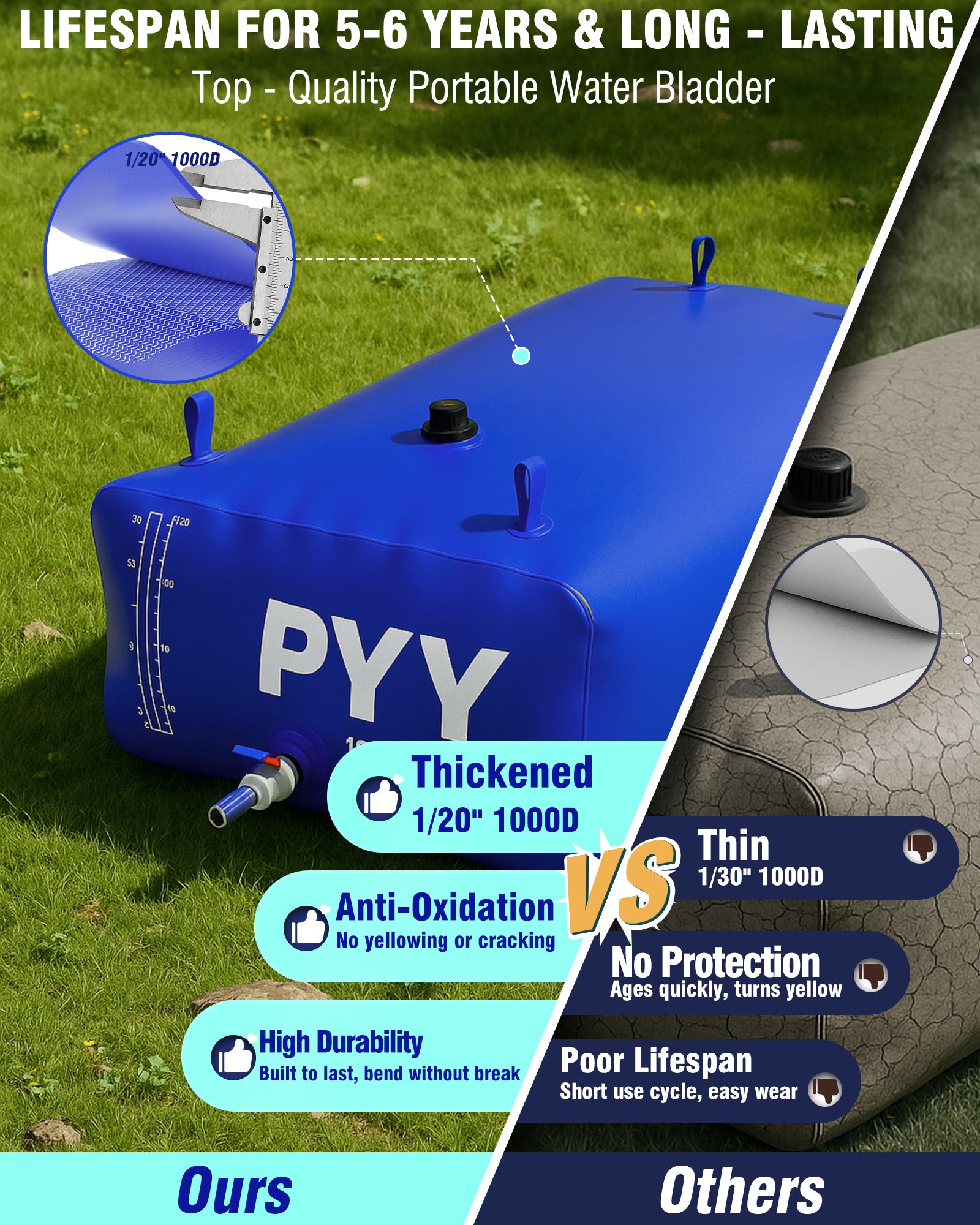 PYY Portable Water Bladder 264 Gallon for Truck Bed,Carrier Cart, Large Water Bob Bathtub Emergency Water Bladder for Outdoor RV Car Camping,Water Storage Bladder with Spigot,Overflow Kit-Black 1000L