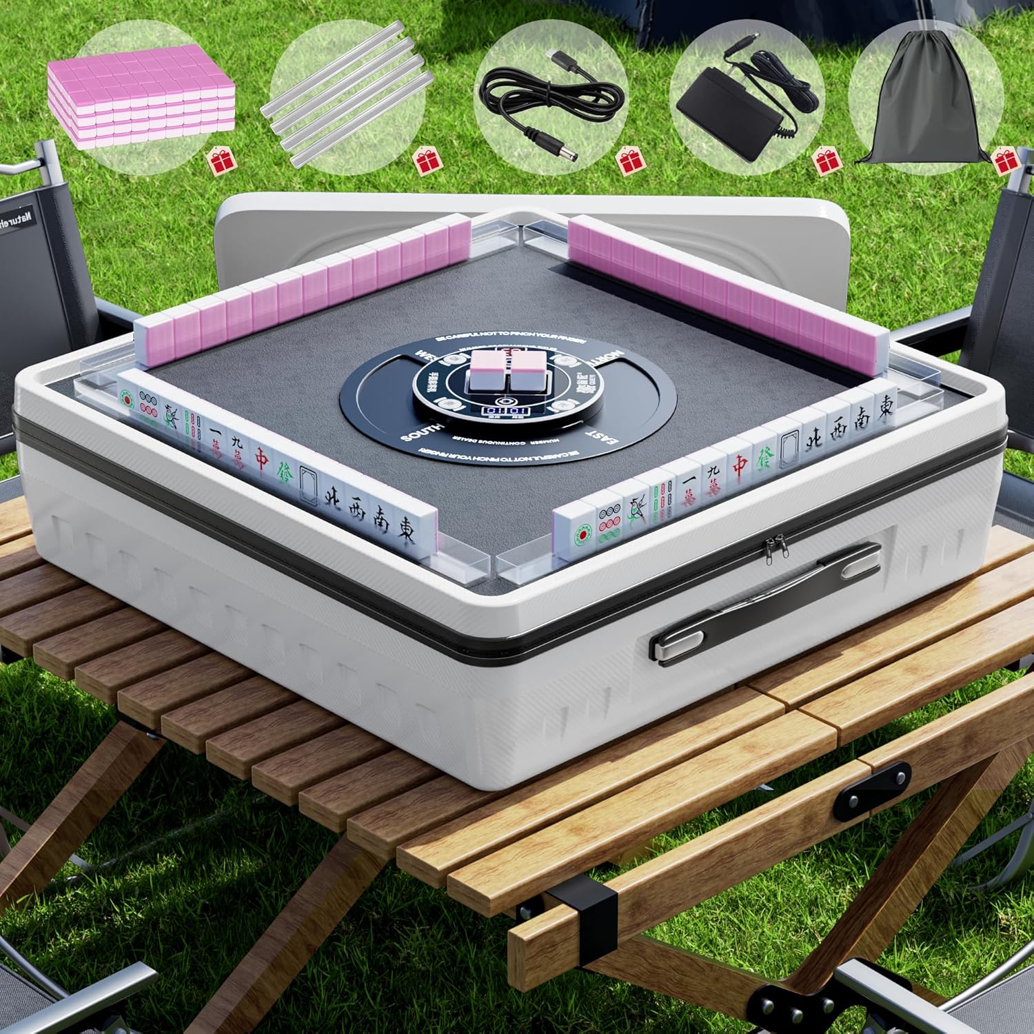 PYY Automatic Mahjong Table - Portable Electric Mahjong Table w/ 144 Magnetic Tiles, Suitable for Filipino & Chinese Style, Auto Shuffling Mah Jong Table for Outdoor and Indoor