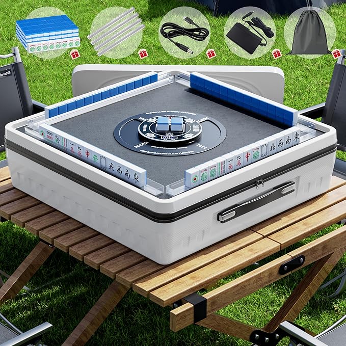 PYY Automatic Mahjong Table - Portable Electric Mahjong Table w/ 152 Magnetic Tiles incl. Joker Tiles, American & Chinese Style, Tabletop Folding Auto Shuffling Mah Jong Table for Outdoor and Indoor