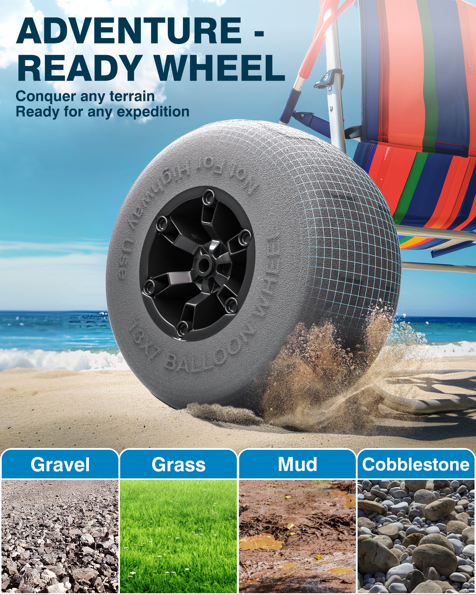 PYY Beach Wheels Sand Tires 13", Flat-Free Solid Big Wheels Replacement for Rolling Beach Cart Wagon Trolley Buggy Dolly, 176LBS Loading Capacity, 0.87" Axle, 4 Size Axle Adapters 4 Pack