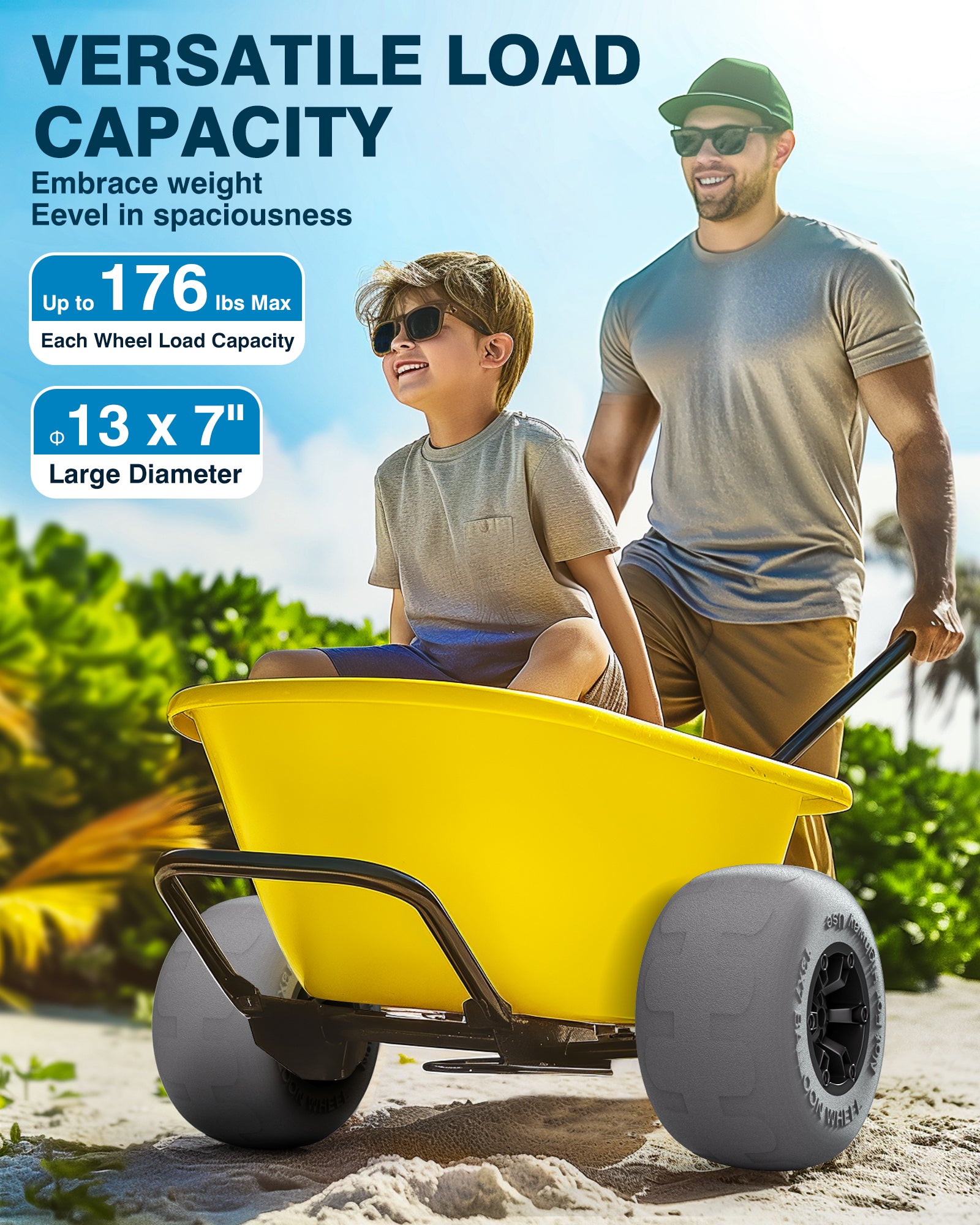 PYY Beach Wheels Sand Tires 13", Flat-Free Solid Big Wheels Replacement for Rolling Beach Cart Wagon Trolley Buggy Dolly, 176LBS Loading Capacity, 0.87" Axle, 4 Size Axle Adapters 4 Pack