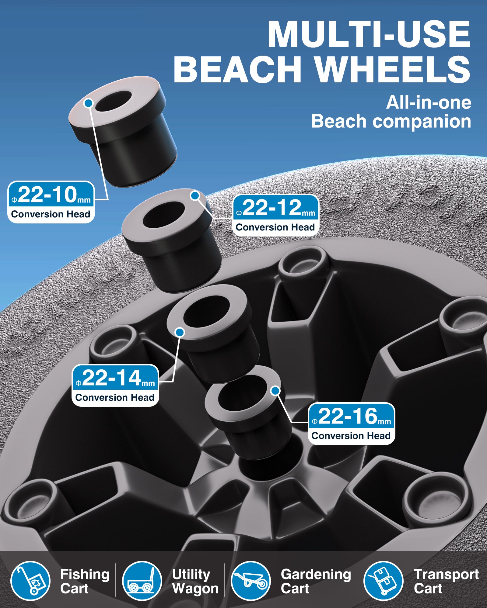 PYY Beach Wheels Sand Tires 13", Flat-Free Solid Big Wheels Replacement for Rolling Beach Cart Wagon Trolley Buggy Dolly, 176LBS Loading Capacity, 0.87" Axle, 4 Size Axle Adapters 4 Pack