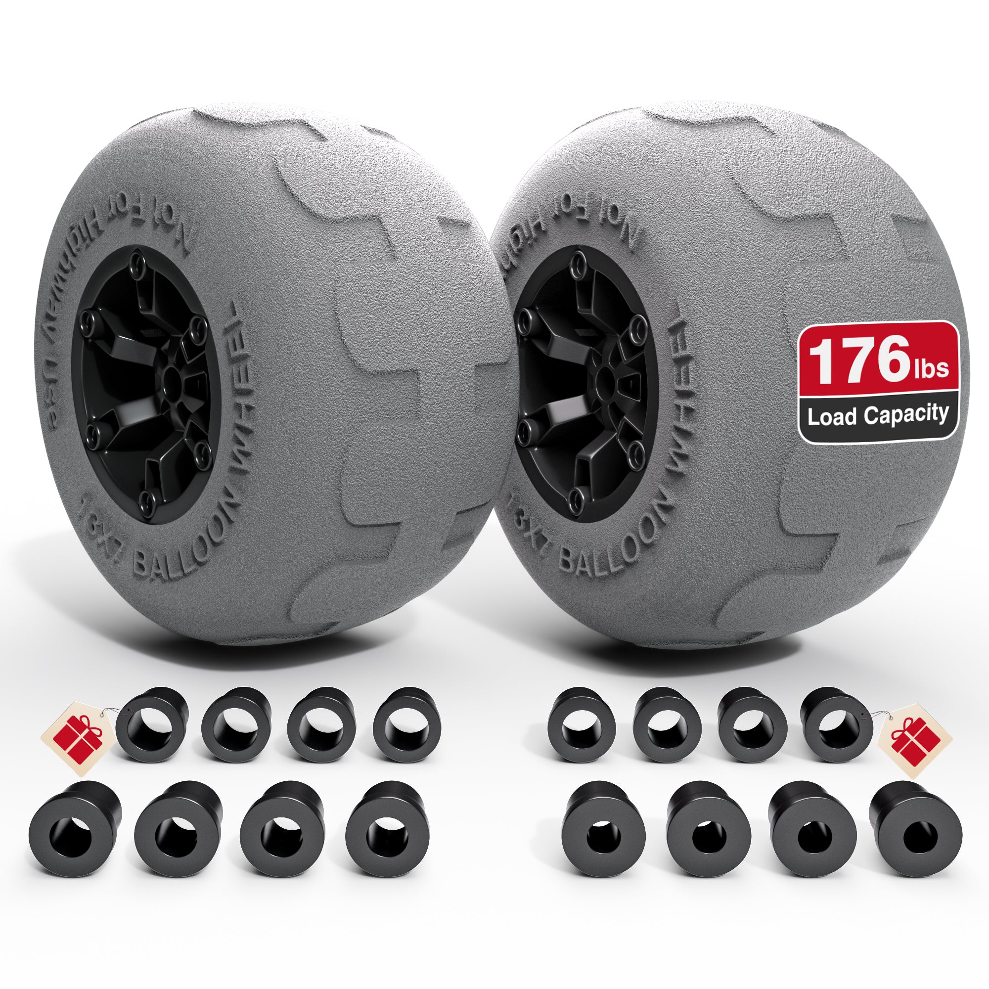 PYY Beach Wheels Sand Tires 13", Flat-Free Solid Big Wheels Replacement for Rolling Beach Cart Wagon Trolley Buggy Dolly, 176LBS Loading Capacity, 0.87" Axle, 4 Size Axle Adapters 4 Pack