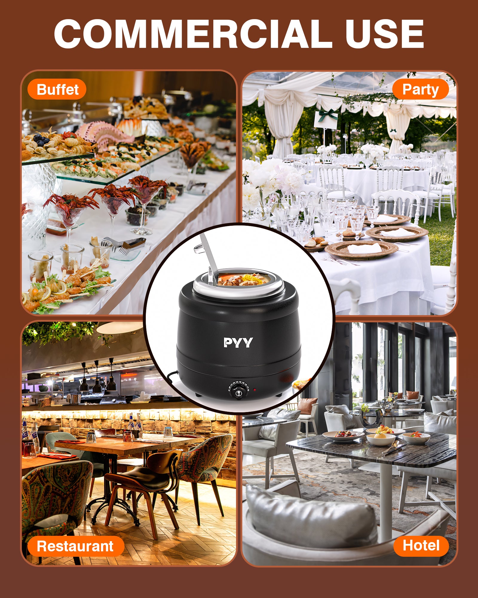 PYY Commercial Soup Kettle - Soup Warmers with Lid, Countertop Electric Soup Pot,Detachable Stainless Steel Insert Pot for Parties Restaurant Buffet Big Family, Black
