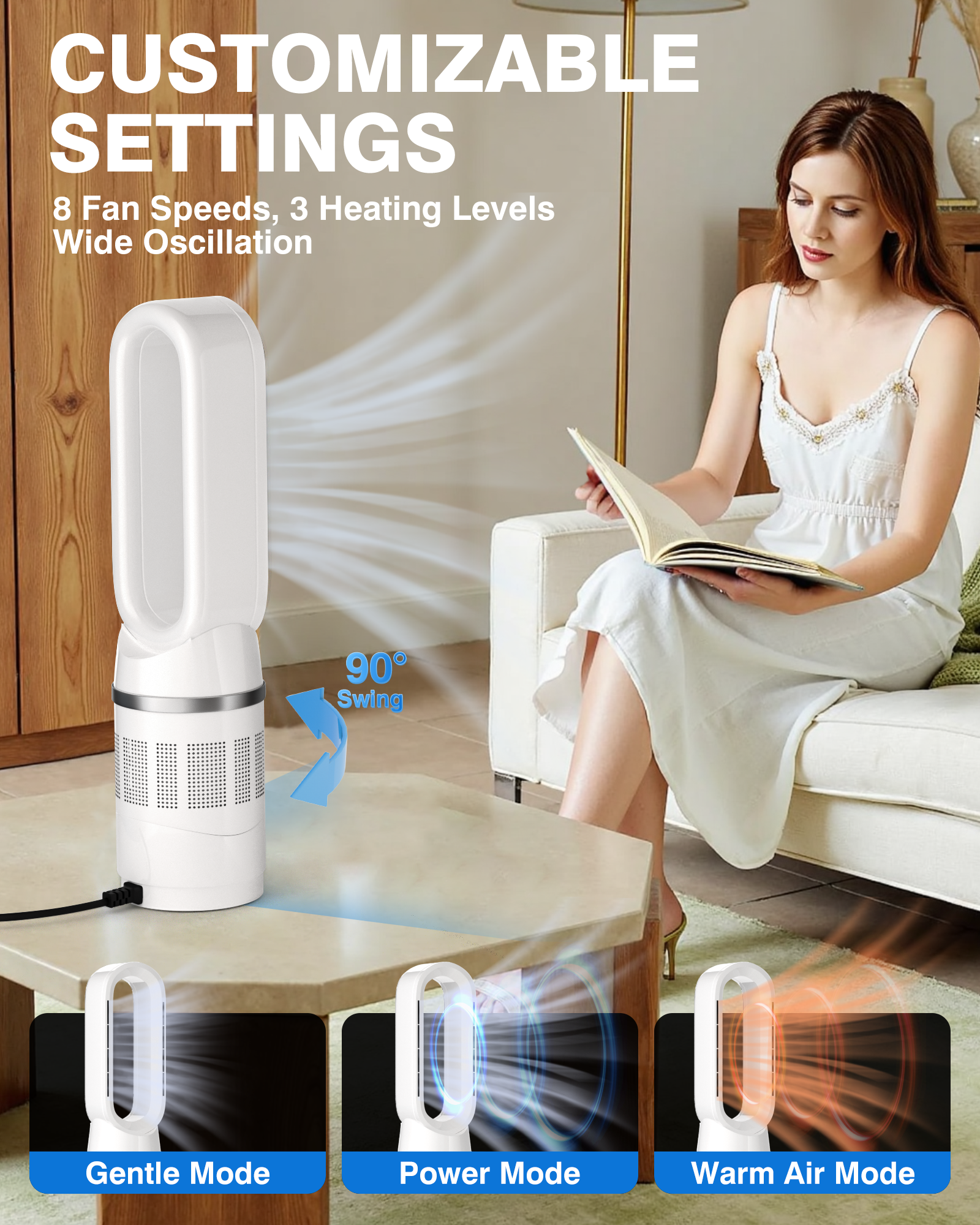 PYY Heater and Fan Combo - Bladeless Tower Fan and Heater Combo 90¡« Oscillating All Season Fan and Heater Combo w/ 8 Speeds, Heater Temp Control, 8H Timer, Quiet Heater Fan Combo for Indoor Use