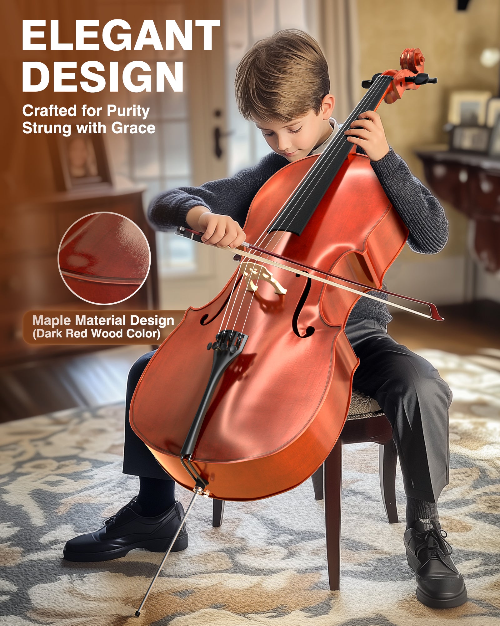 PYY Cello 4/4 Full Size - Solid Wood Acoustic Cello Package with Free Stand, Bag, Strings, Tuner, Rosin and Bow, Cello 4/4 Strings Set for Students & Adult Beginner Instruments