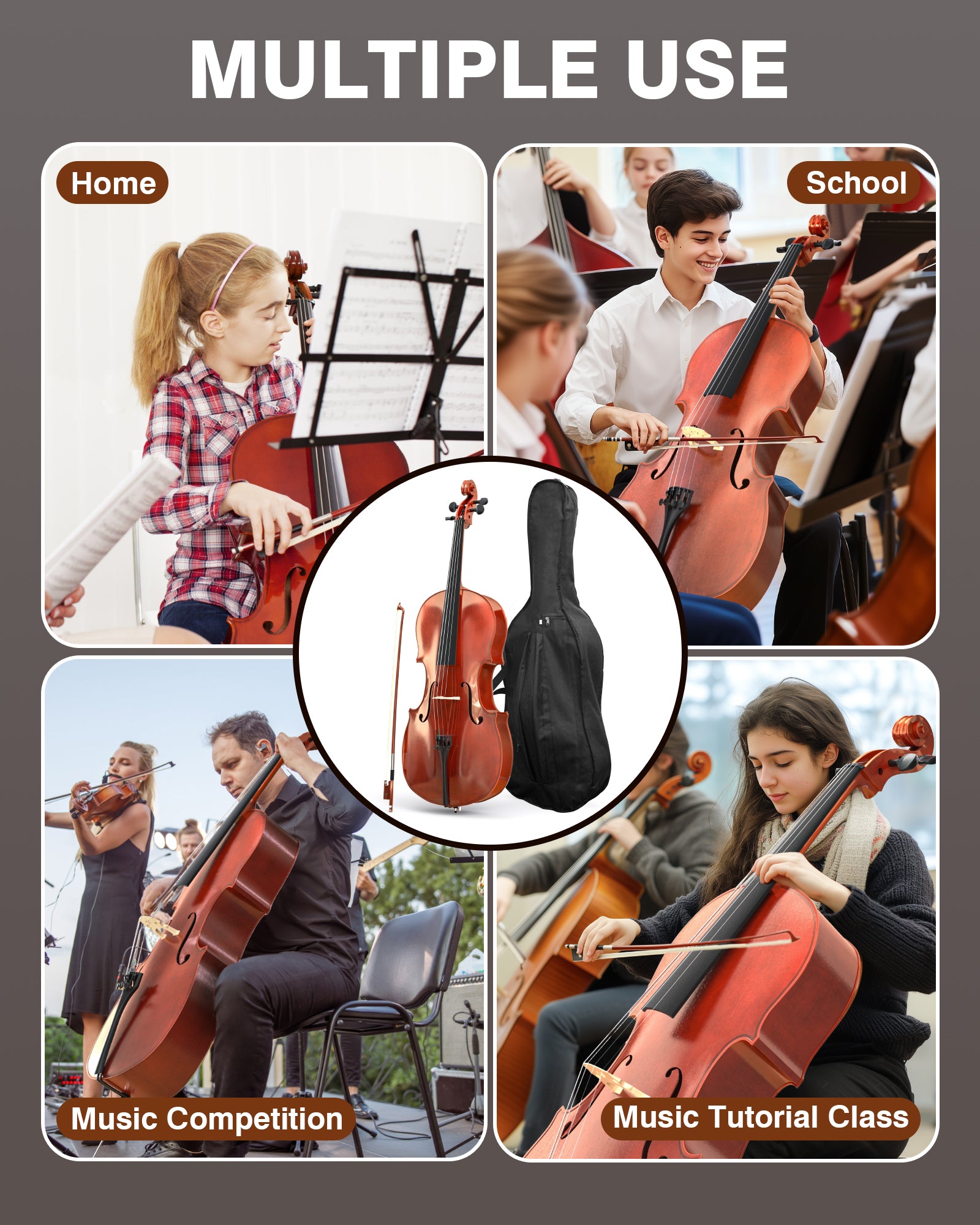 PYY Cello 4/4 Full Size - Solid Wood Acoustic Cello Package with Free Stand, Bag, Strings, Tuner, Rosin and Bow, Cello 4/4 Strings Set for Students & Adult Beginner Instruments