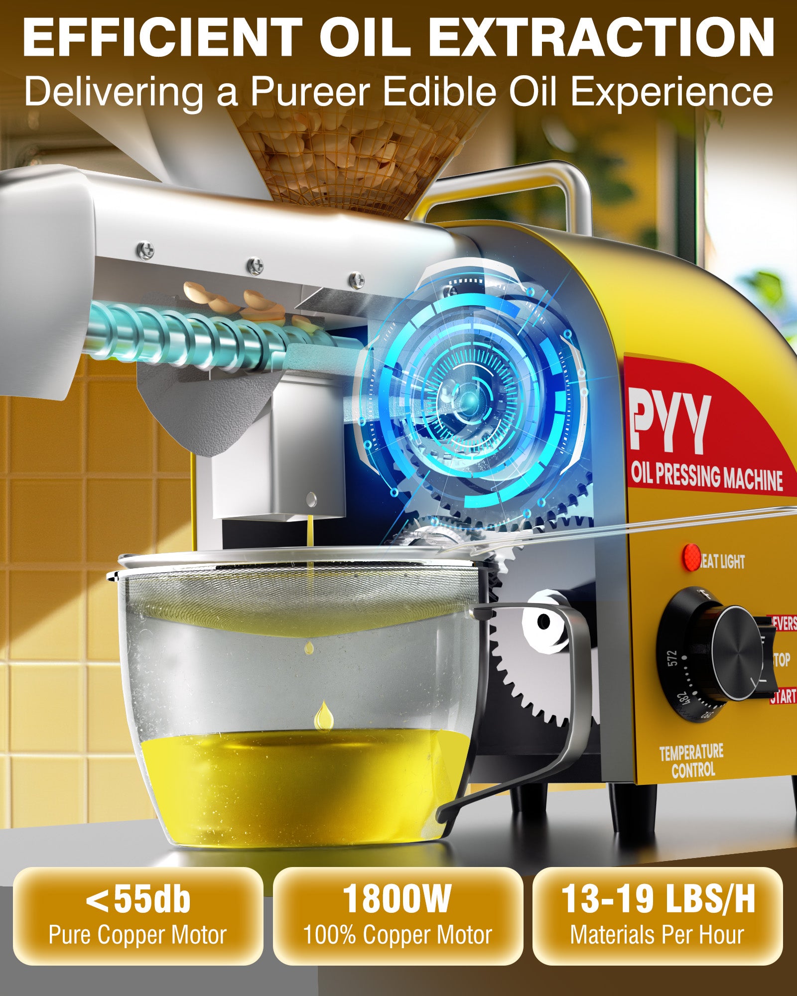 PYY Oil Press Machine - Upgrade 1800W Cold & Hot Press Automatic Electric Oil Maker Extractor for Home, Seeds Nuts Oil Expeller Press Mill, Stainless Steel Household for Peanut Flaxseed Olive Kernel