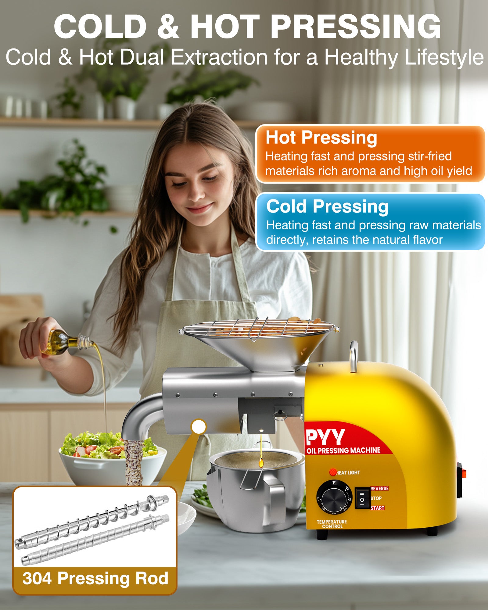 PYY Oil Press Machine - Upgrade 1800W Cold & Hot Press Automatic Electric Oil Maker Extractor for Home, Seeds Nuts Oil Expeller Press Mill, Stainless Steel Household for Peanut Flaxseed Olive Kernel