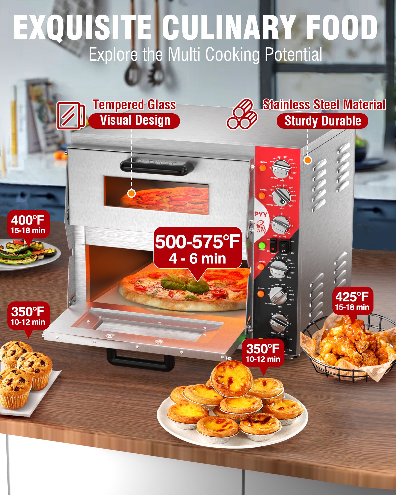 PYY 16" Indoor Pizza Oven Electric Commercial Double Decker Pizza Stone for Restaurant Home,Countertop Pizza Oven with 60-min Ring Timer with 4 Large Heat Tube, 3200W, ETL listed