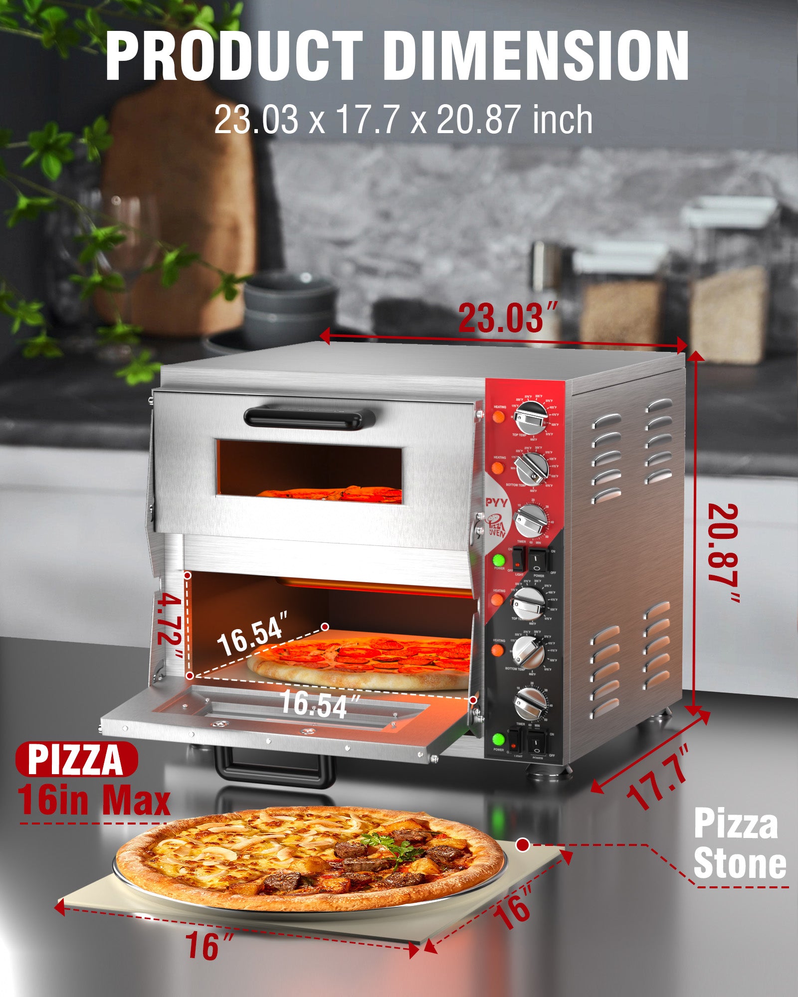PYY 16" Indoor Pizza Oven Electric Commercial Double Decker Pizza Stone for Restaurant Home,Countertop Pizza Oven with 60-min Ring Timer with 4 Large Heat Tube, 3200W, ETL listed