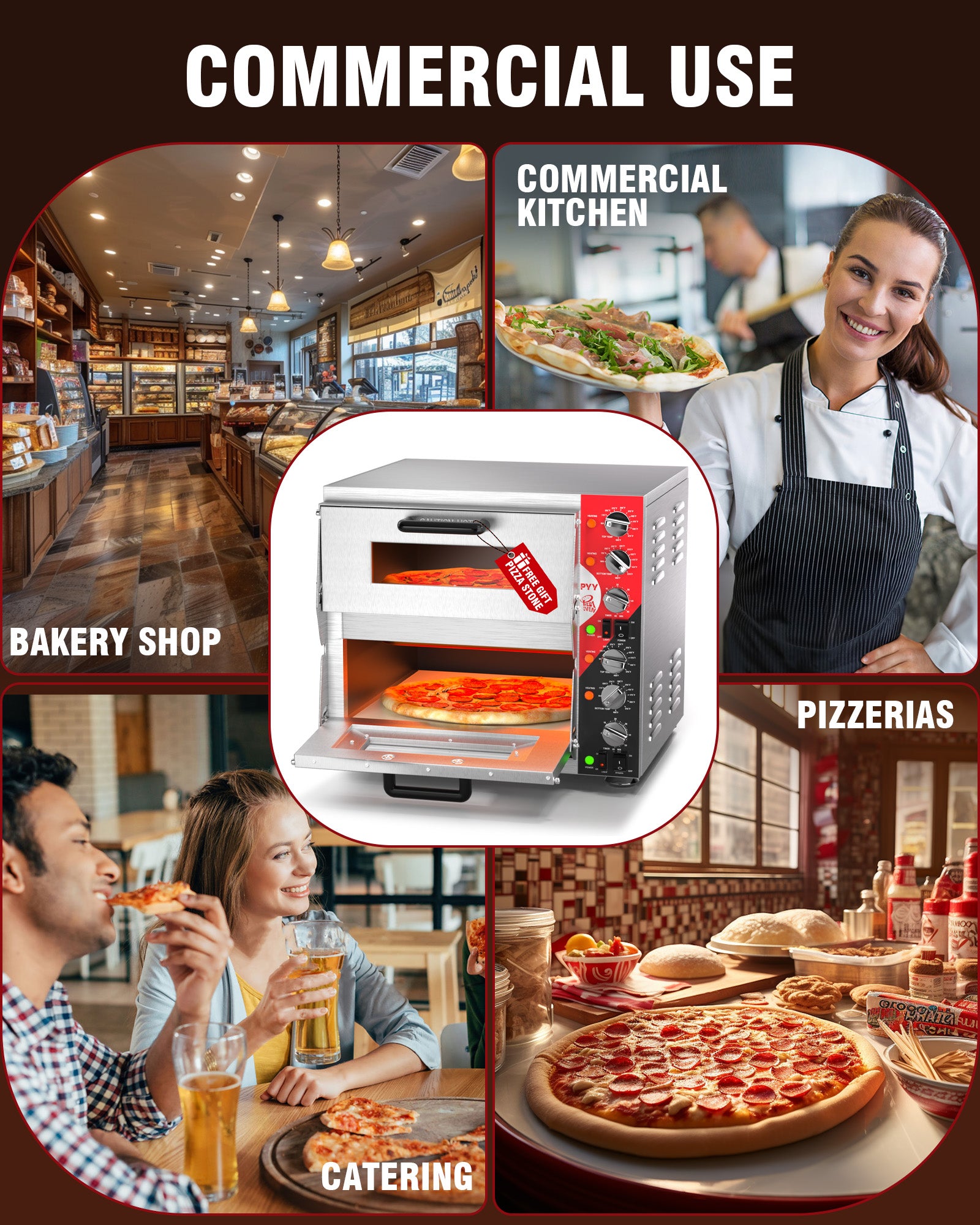 PYY 16" Indoor Pizza Oven Electric Commercial Double Decker Pizza Stone for Restaurant Home,Countertop Pizza Oven with 60-min Ring Timer with 4 Large Heat Tube, 3200W, ETL listed