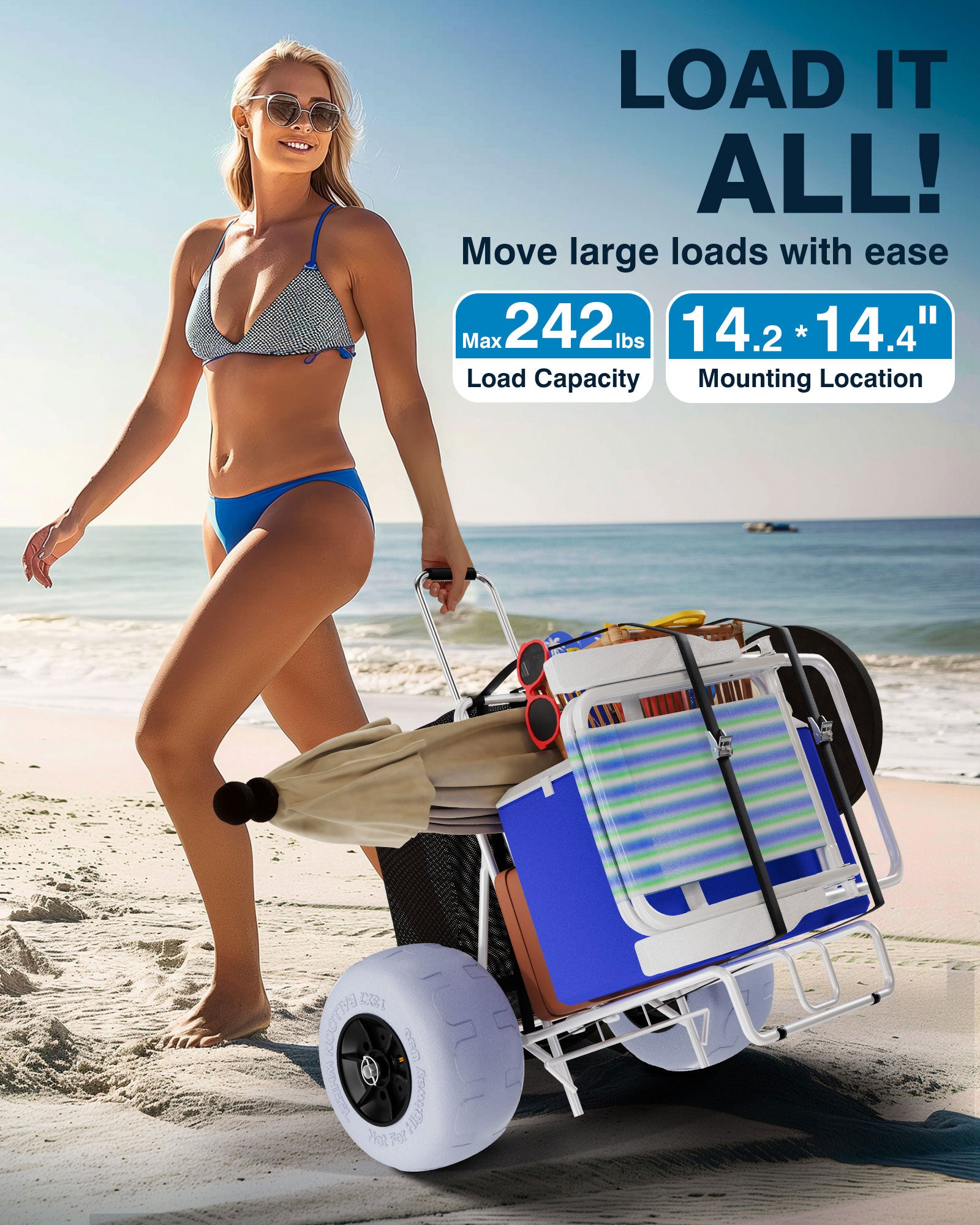 PYY Beach Cart with Big Balloon Wheels for Sand, Foldable Wagon Dolly Buggy Trolley with 242 Lbs Loading Capacity, 13" Large Rolling Tires, Collapsible Storage Bag for Outdoor Fishing Camping Shopping