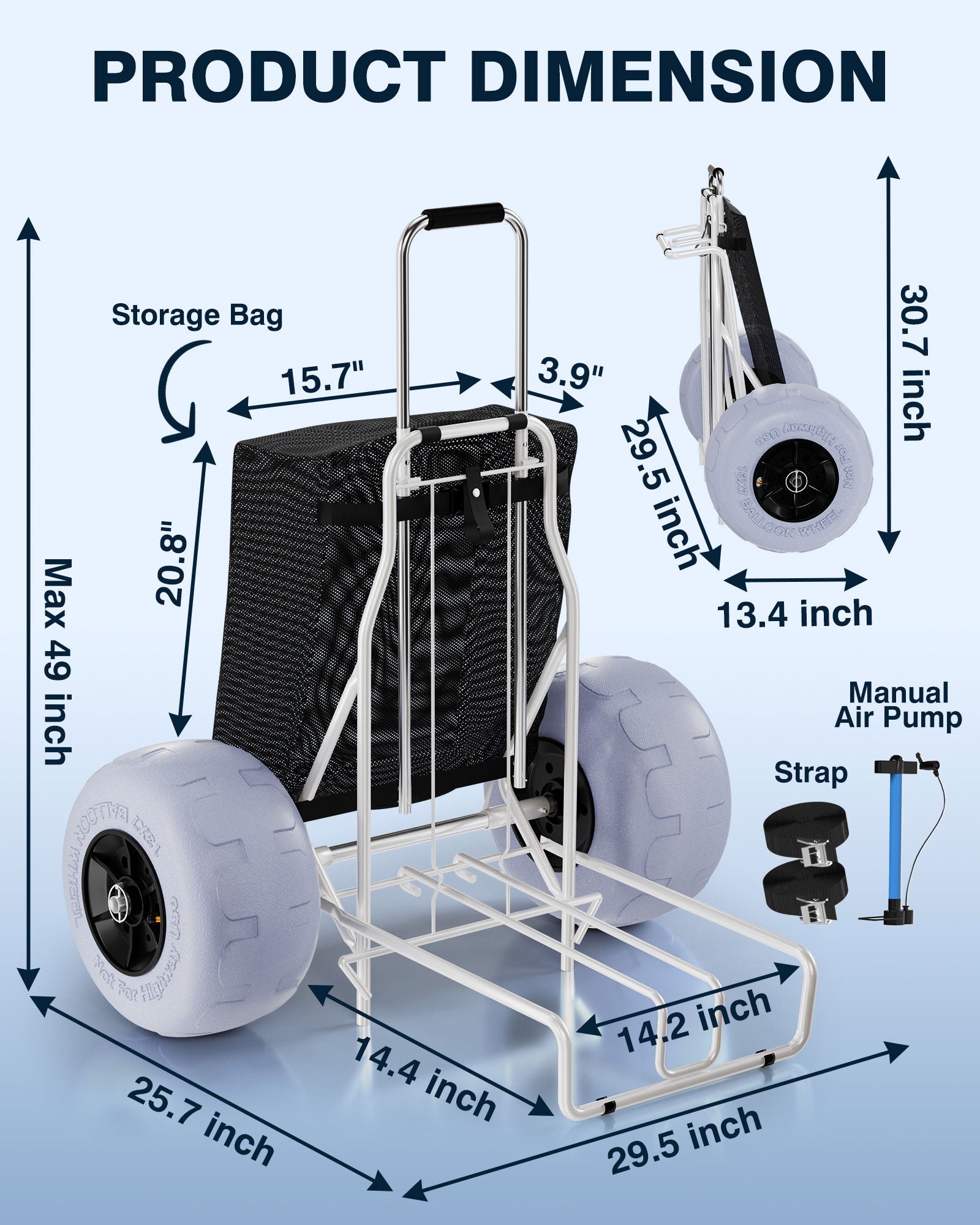 PYY Beach Cart with Big Balloon Wheels for Sand, Foldable Wagon Dolly Buggy Trolley with 242 Lbs Loading Capacity, 13" Large Rolling Tires, Collapsible Storage Bag for Outdoor Fishing Camping Shopping