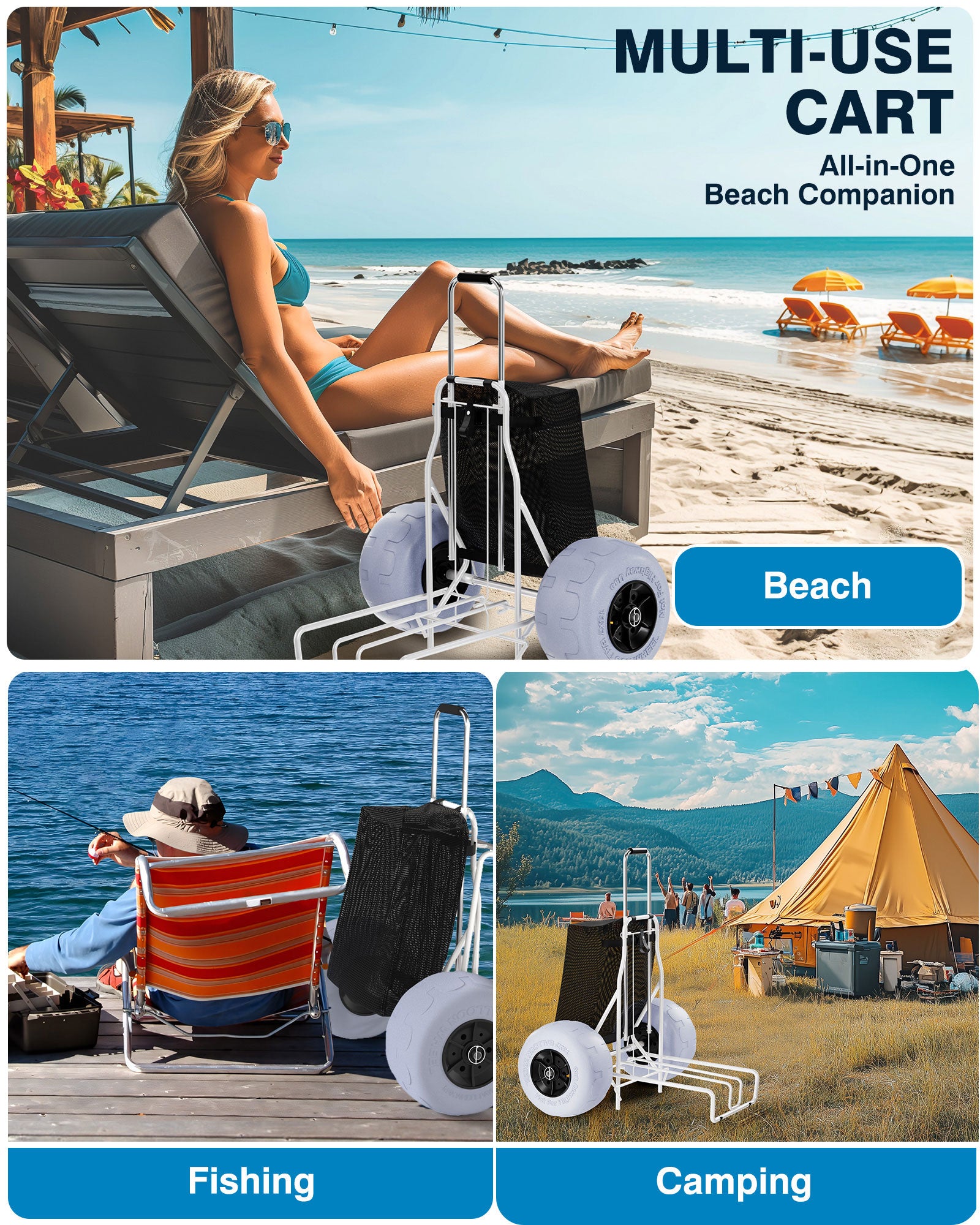 PYY Beach Cart with Big Balloon Wheels for Sand, Foldable Wagon Dolly Buggy Trolley with 242 Lbs Loading Capacity, 13" Large Rolling Tires, Collapsible Storage Bag for Outdoor Fishing Camping Shopping
