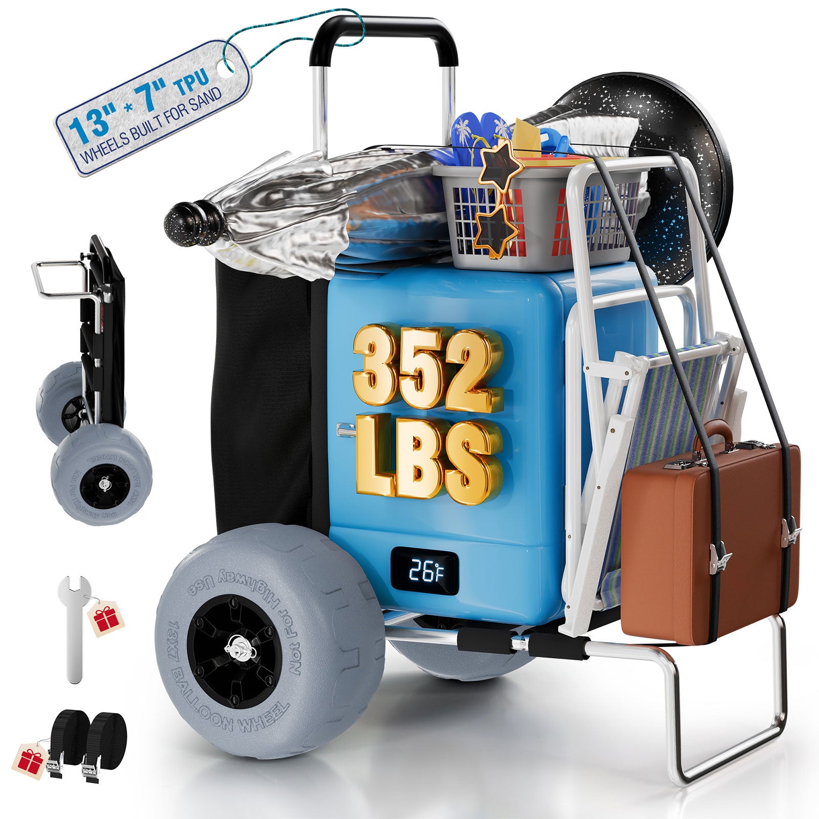 Beach Cart with 13" Big Balloon Wheels for Sand, 352LBS Loading Capacity, Lightweight Folding Aluminum Beach Dolly Wagon Trolley Buggy with 15"*23" Large Cargo Deck, 33"-51.6"