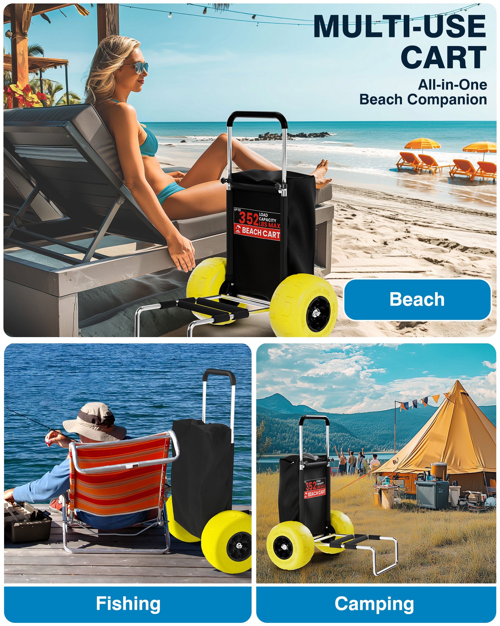 Beach Cart with 13" Big Balloon Wheels for Sand, 352LBS Loading Capacity, Lightweight Folding Aluminum Beach Dolly Wagon Trolley Buggy with 15"*23" Large Cargo Deck, 33"-51.6"